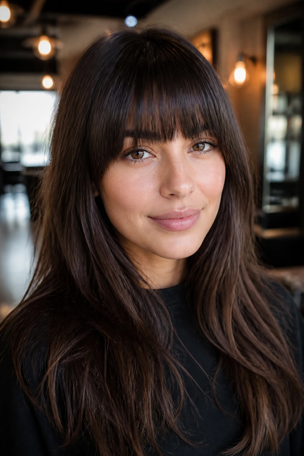 Real woman with brow-grazing fringe at brow level in a warm salon setting