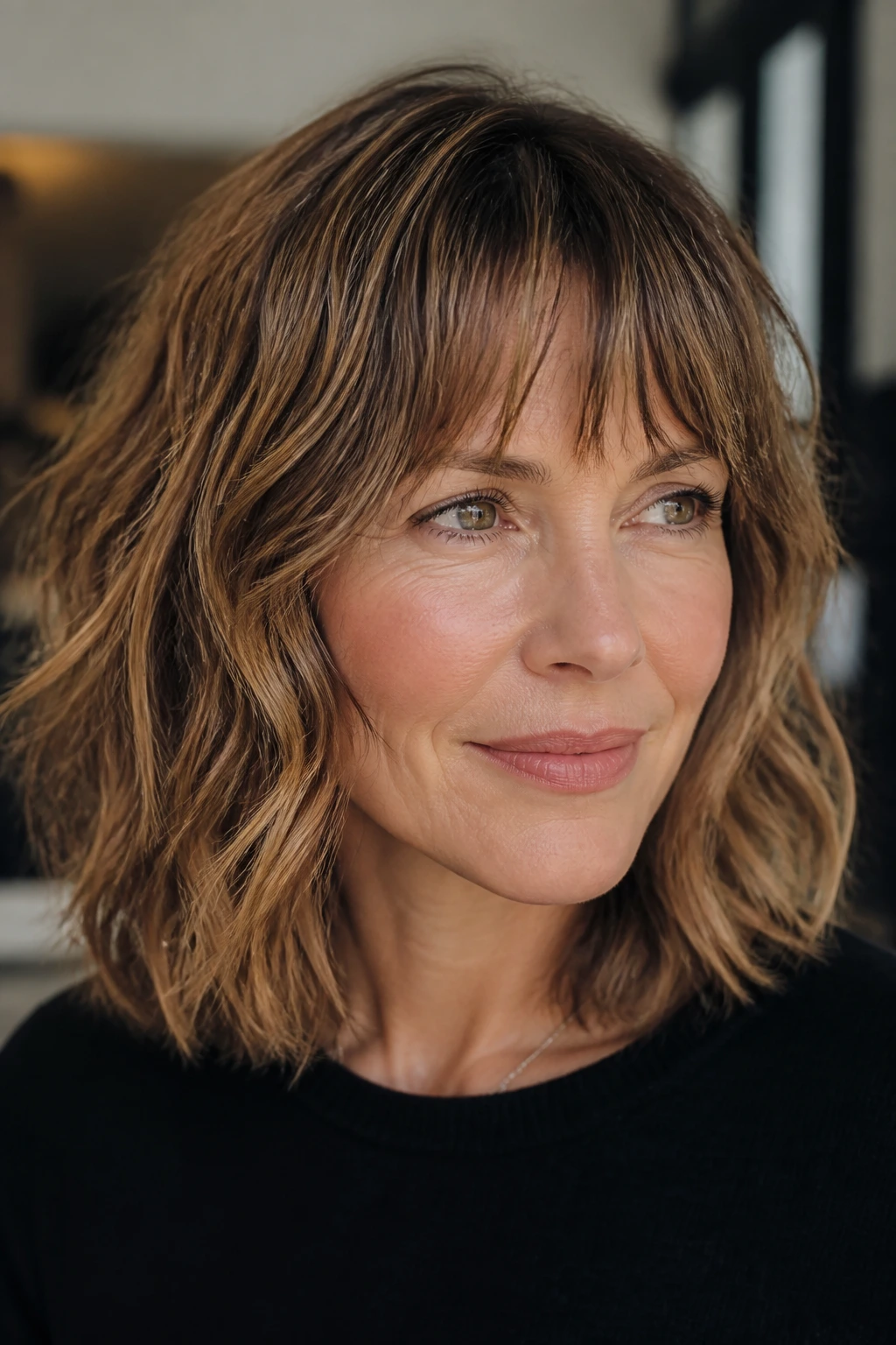 Close-up of a real woman with brow-grazing fringe