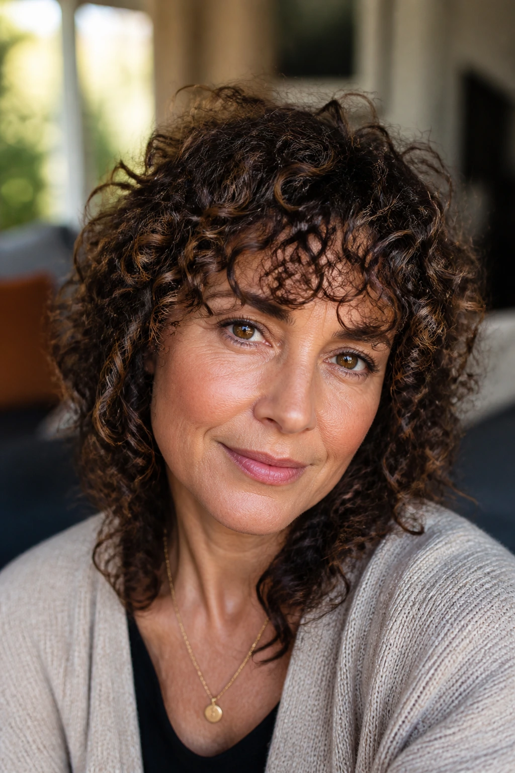 Close-up of a woman with brow-grazing ringlet fringe near the brow