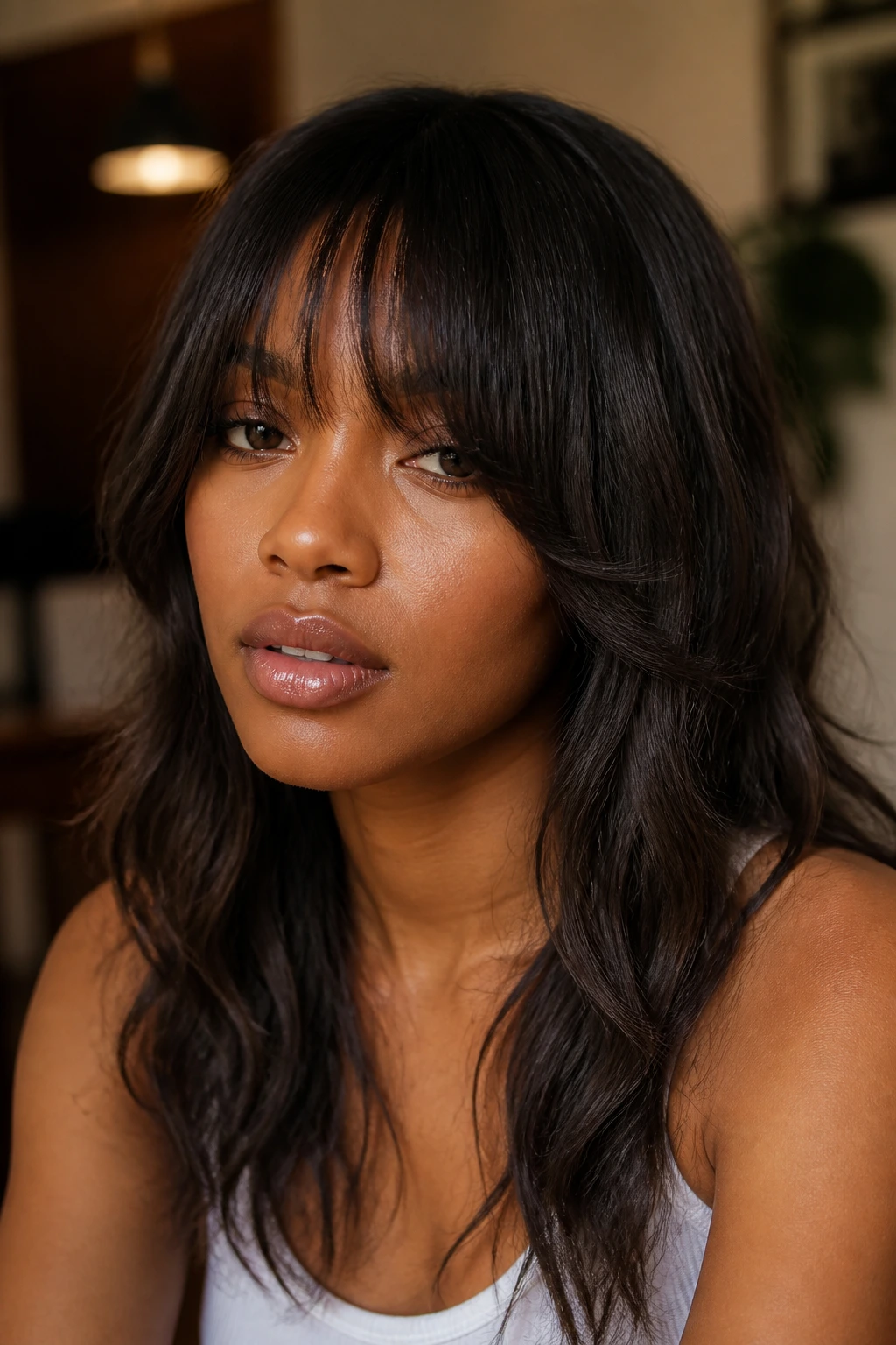 Close-up of a Black woman with brow-grazing fringe and long ribbons of hair