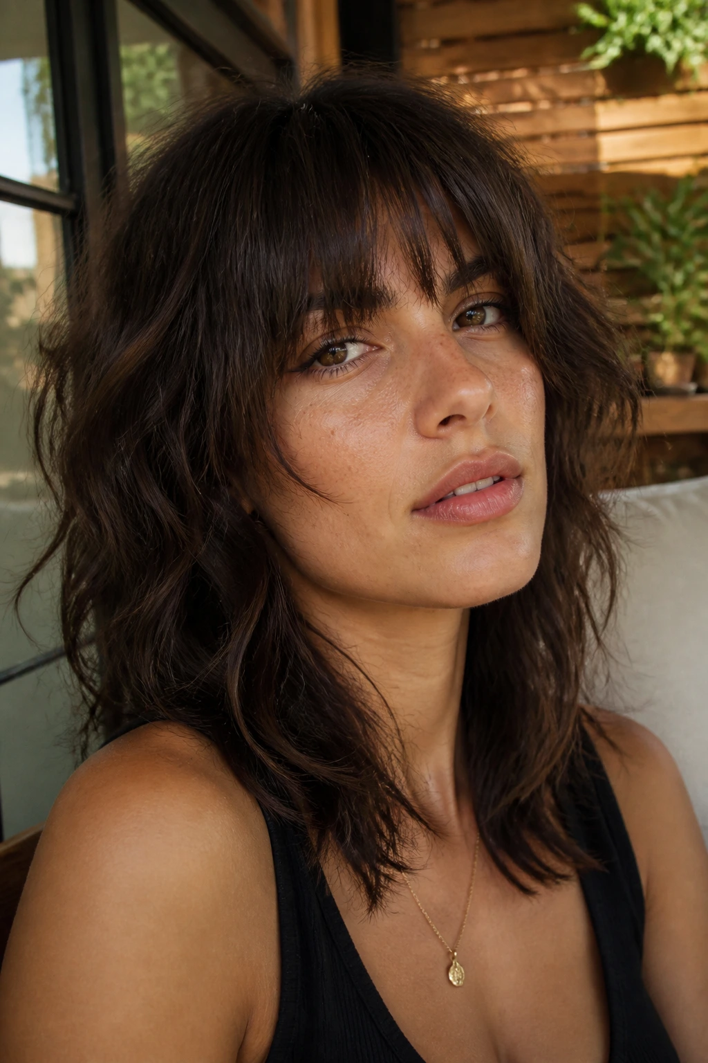 Portrait of a real woman with brow-grazing fringe and textured shag.