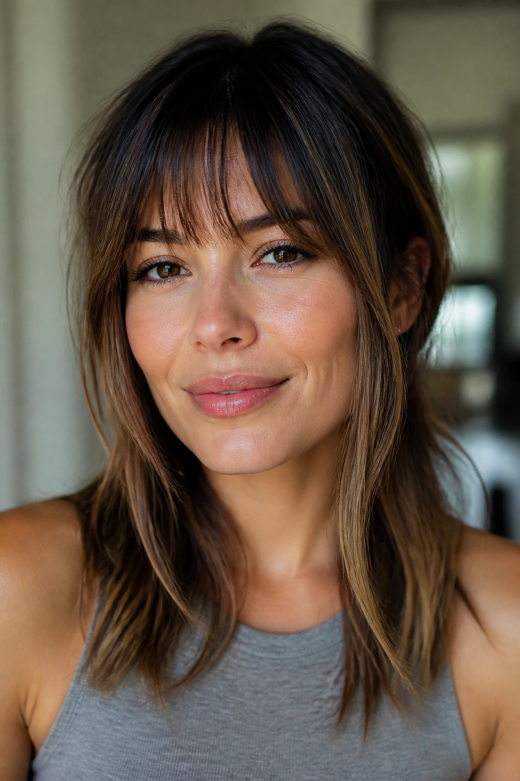 Portrait of a woman with brow-length bangs and vertical side pieces framing her cheeks