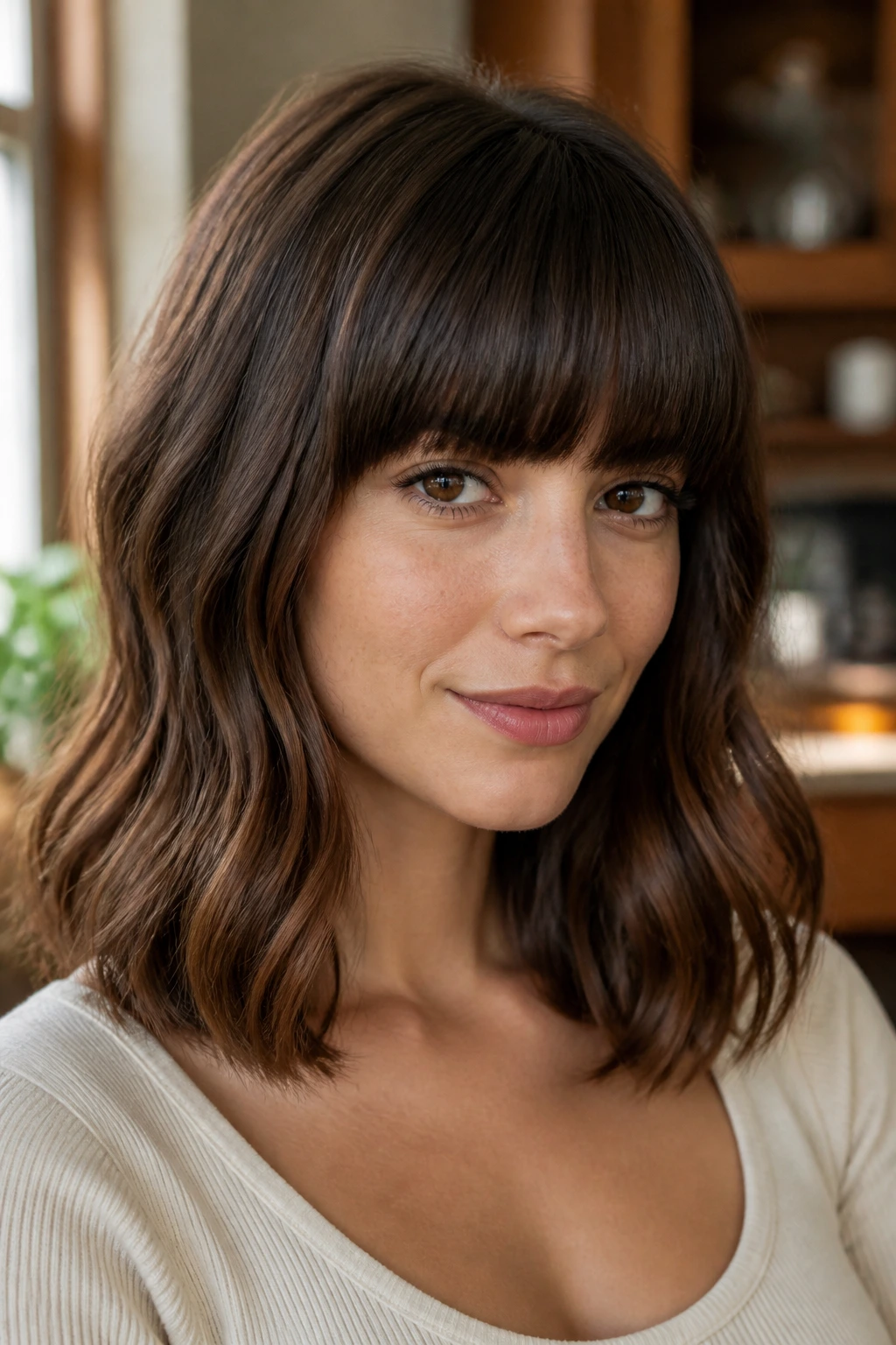 Real woman with dense brow-line fringe and collarbone waves in warm light