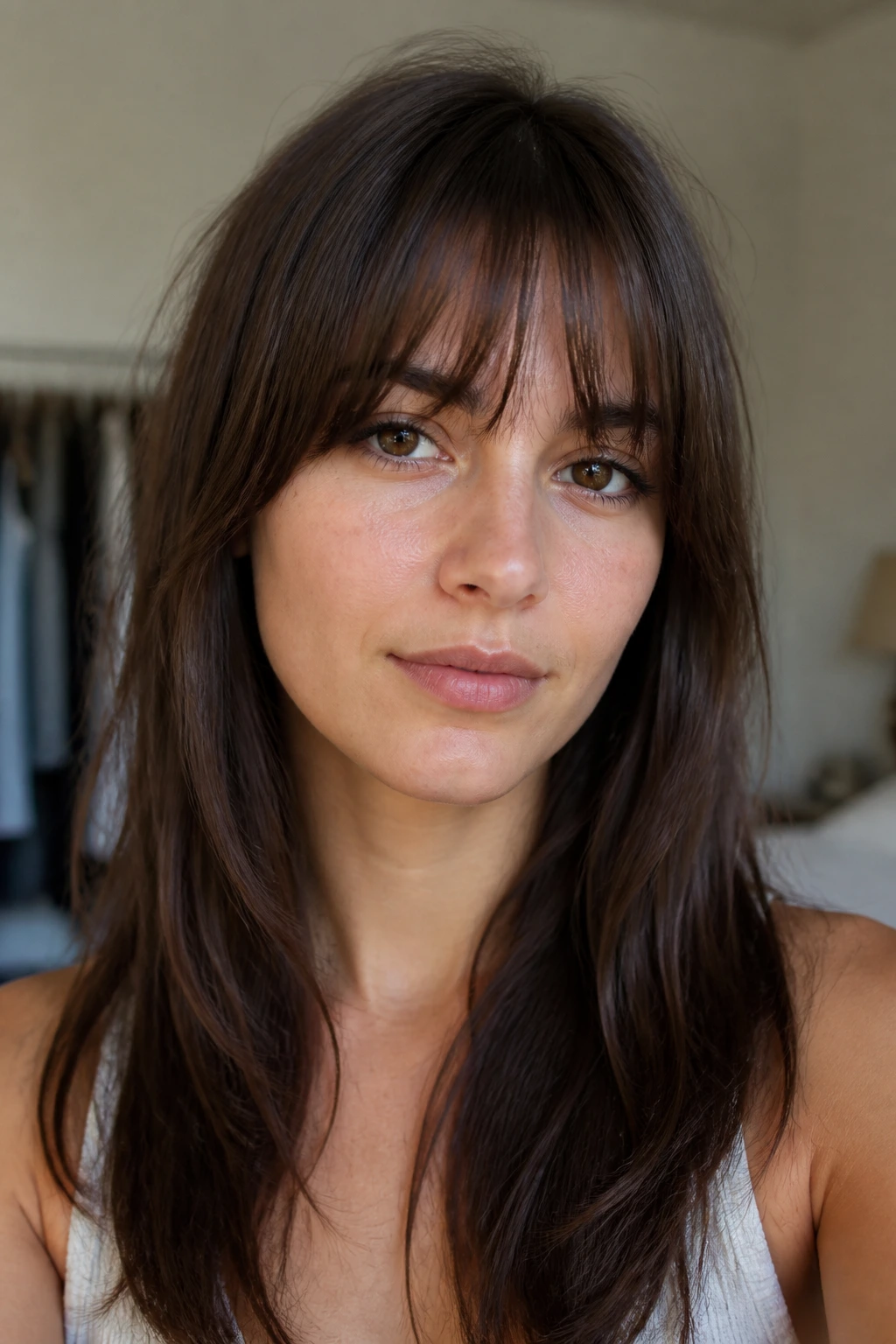 Portrait of a real person with brow-skimming piecey bangs