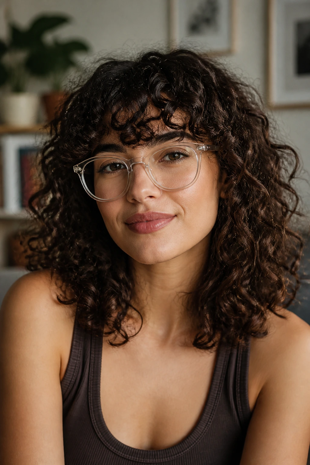 Close-up of brow-skimming curly fringe on a real person