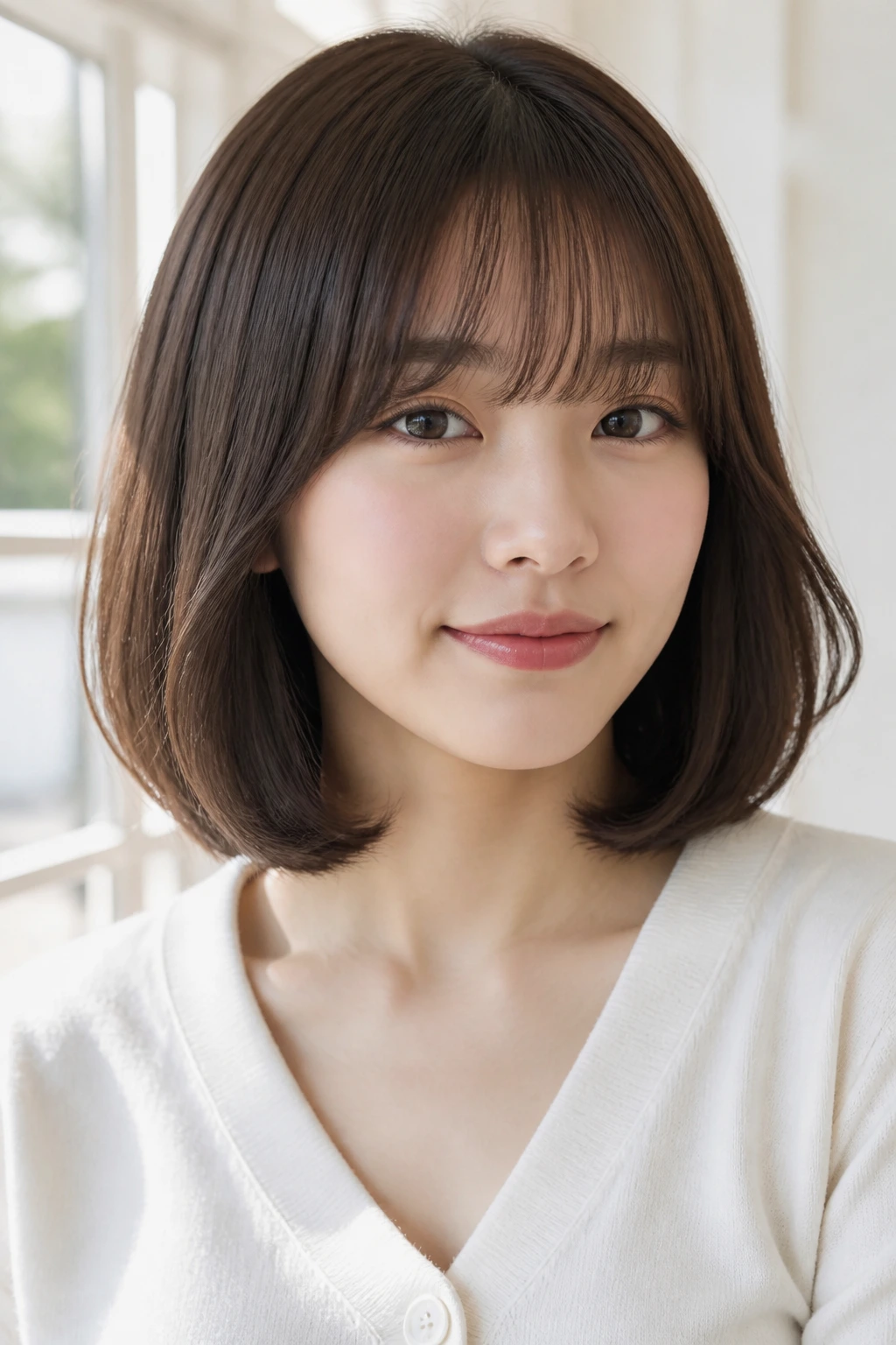 Close-up portrait of a woman with brow-skimming bangs and inward curls.