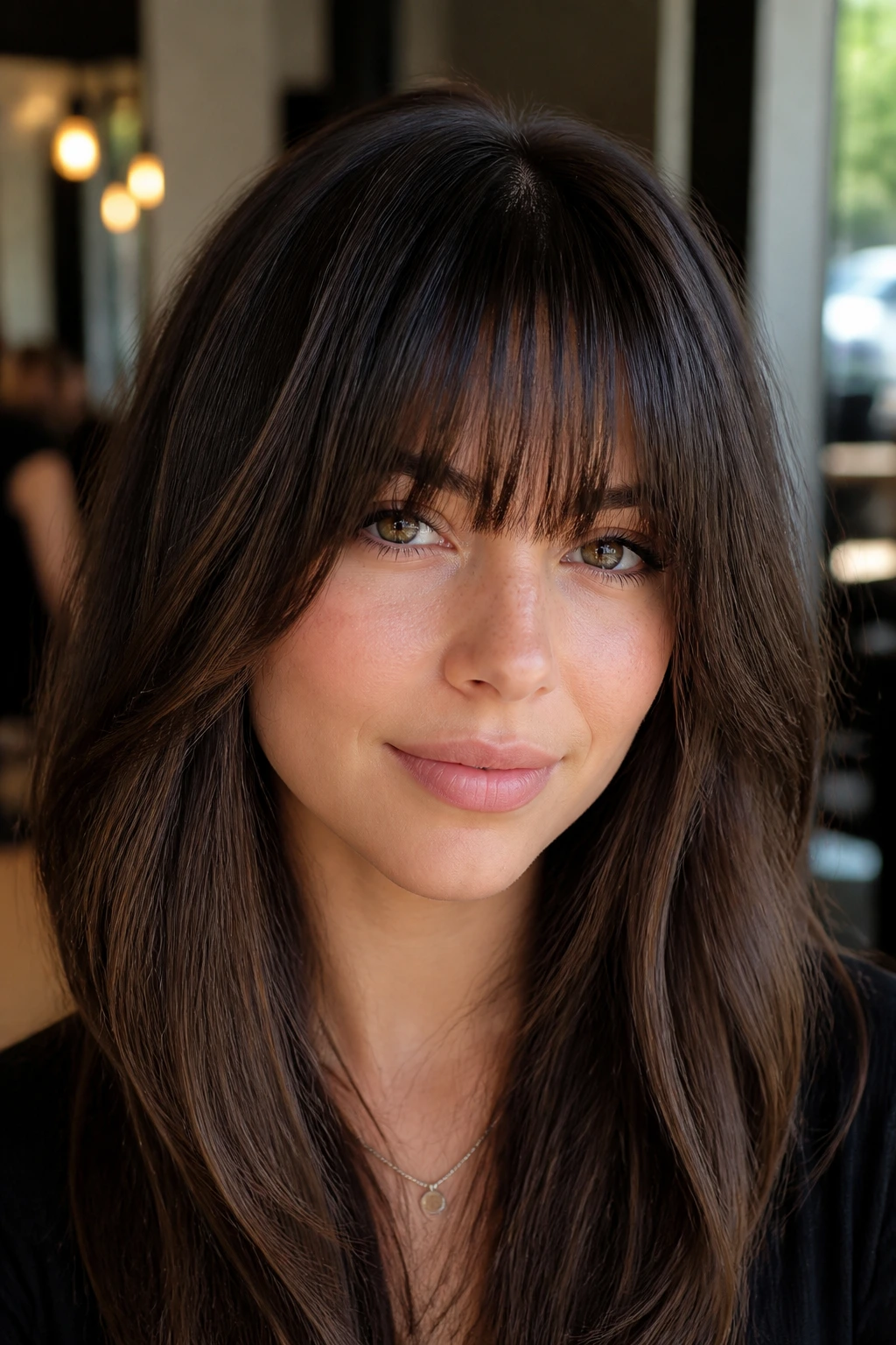 Close-up of a real woman with brow-skimming bangs blending into long sides in a warm salon