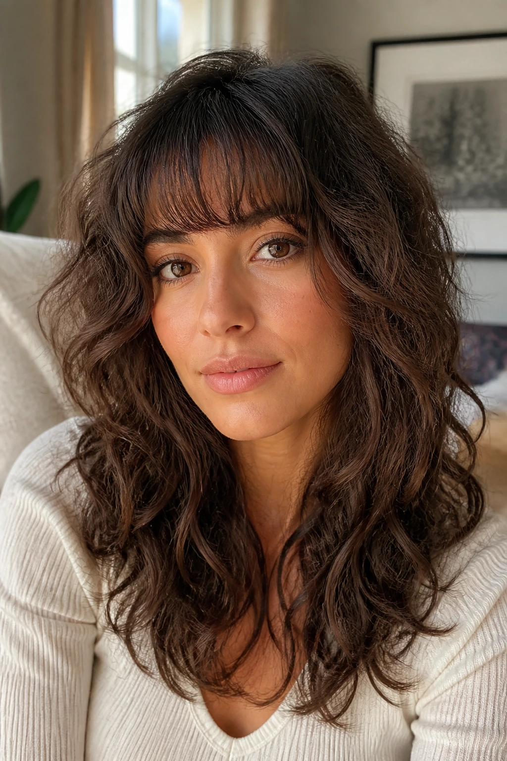 Close-up portrait of a woman with brow-skimming bangs and tapered sides