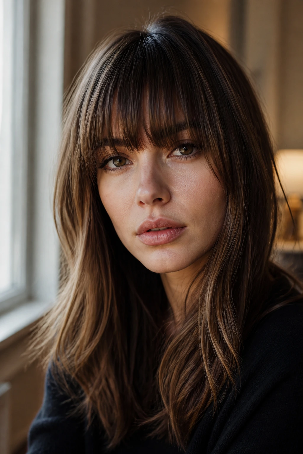 Real person with brow-skimming blunt fringe and soft ends.