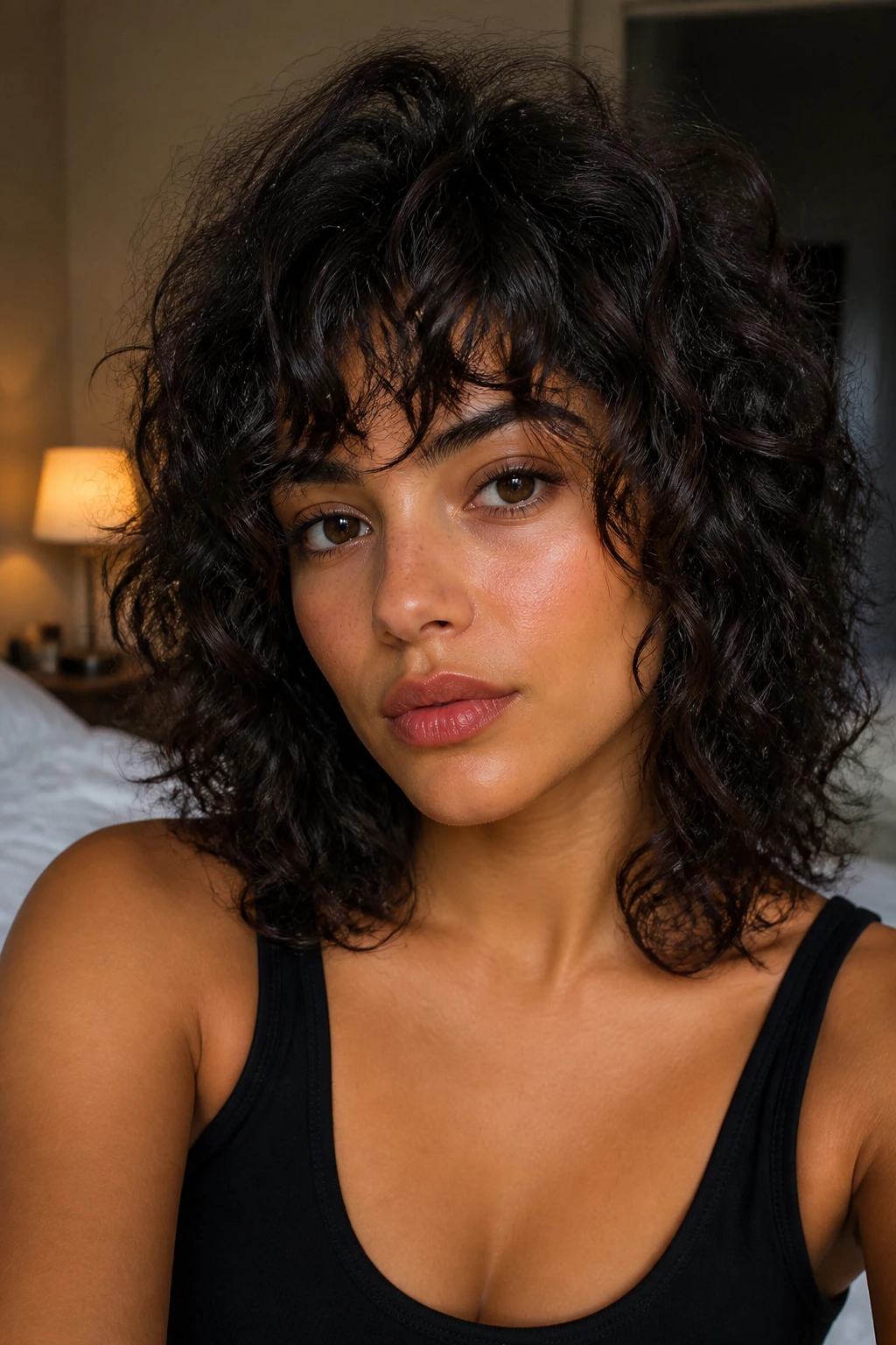 Close-up of a real person with brow-skimming choppy fringe and broken ends