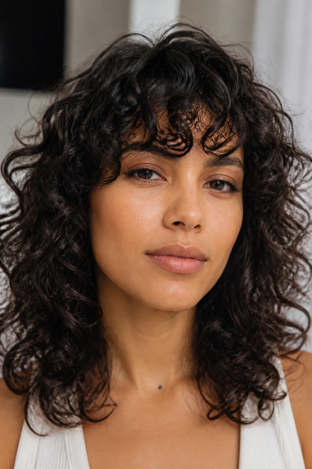 Close-up portrait of a real woman with brow-skimming curly fringe