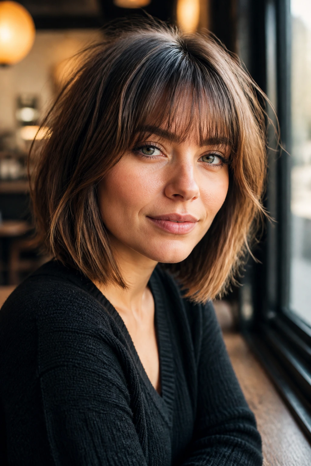 Close-up portrait of a real woman with brow-skimming fringe lob hairstyle at a cafe