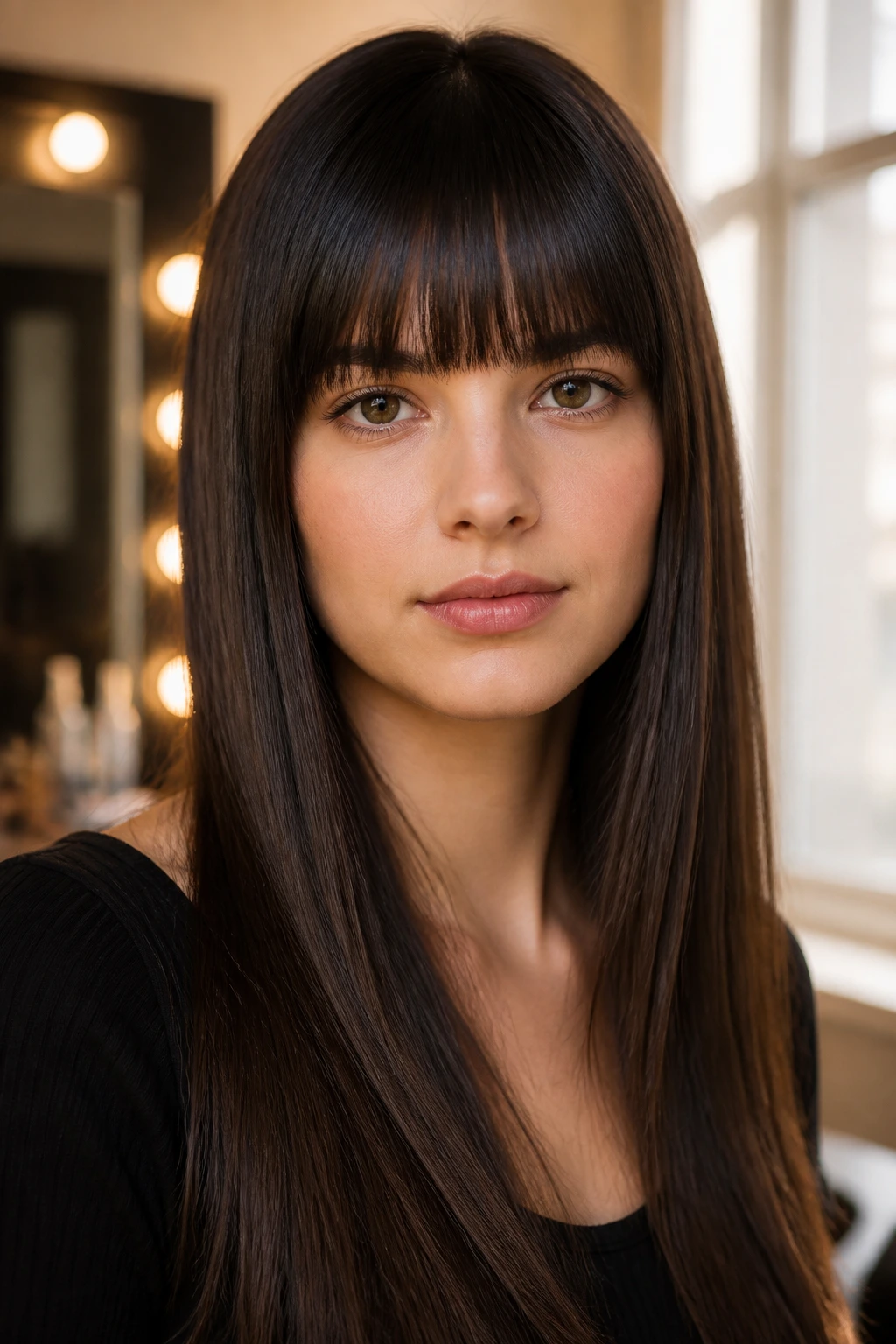 Close-up of a woman with brow-skimming blunt fringe and long sleek hair