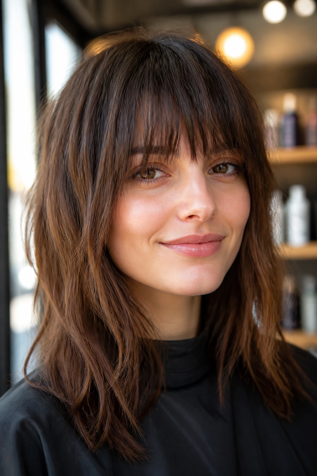Portrait of a woman with brow-skimming razor fringe and chopped ends in a salon