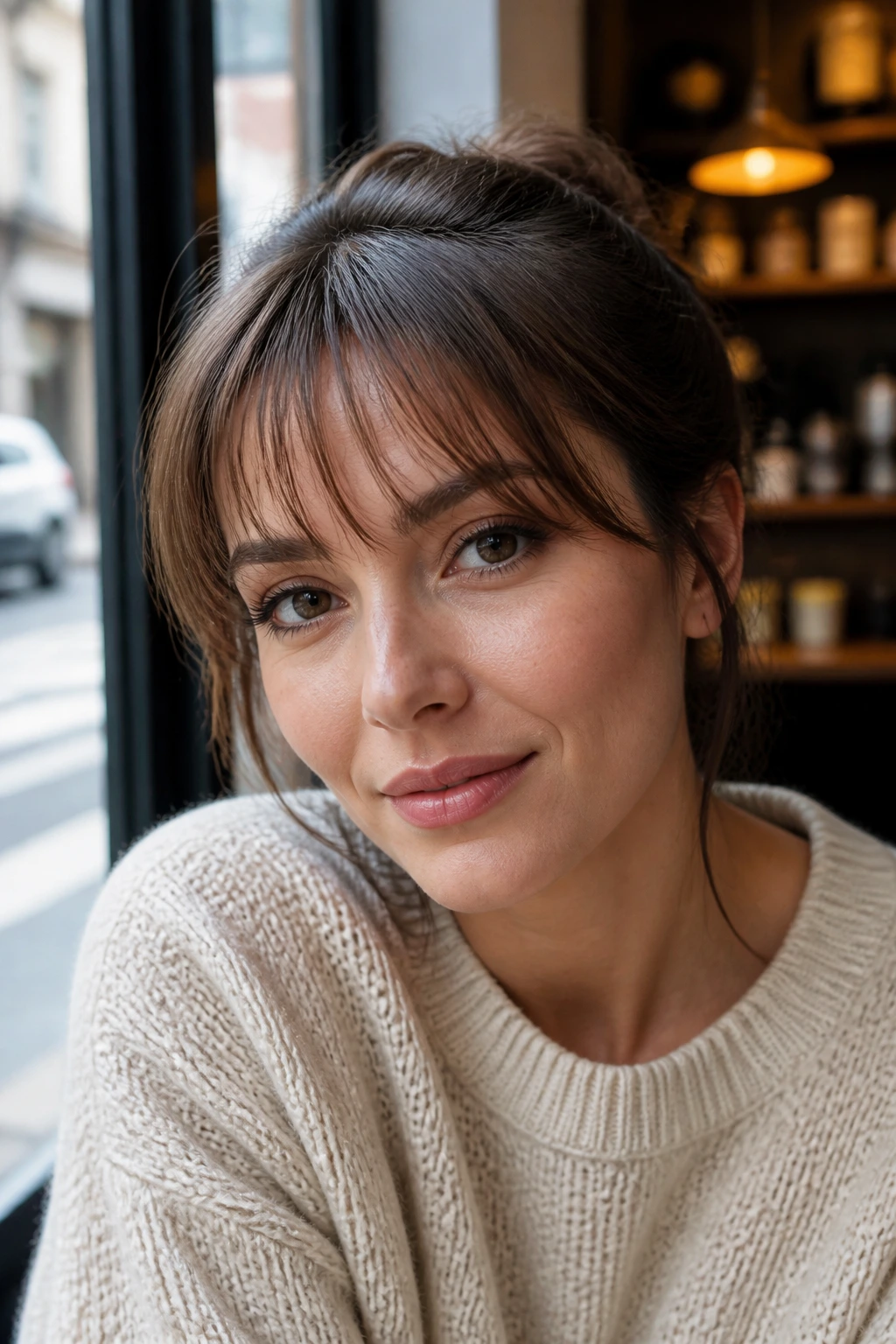 Real woman with brow-skimming wisps fringe near a cafe window