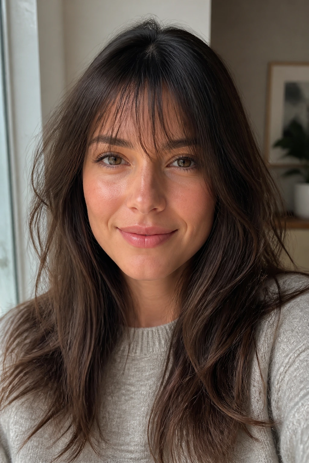 Close-up of a woman with barely-there fringe softly framing the forehead