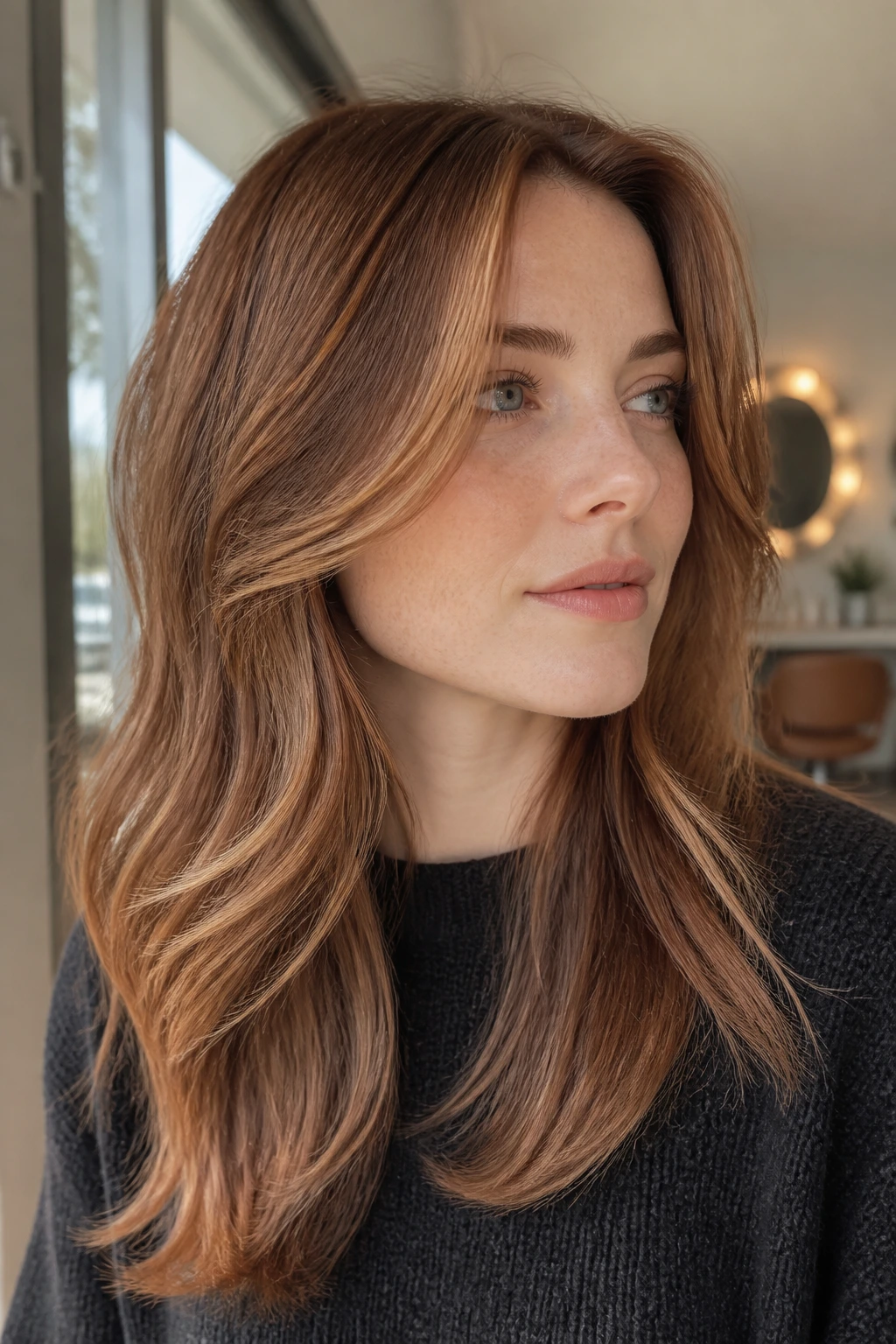 Close-up portrait showing brown amber highlights with soft layers on fair skin.