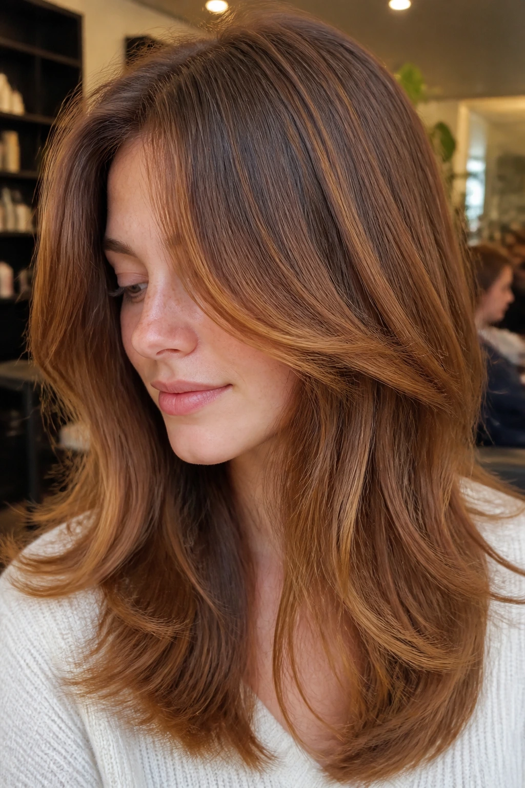 Close-up of a real person’s head with brown amber highlights and soft layers