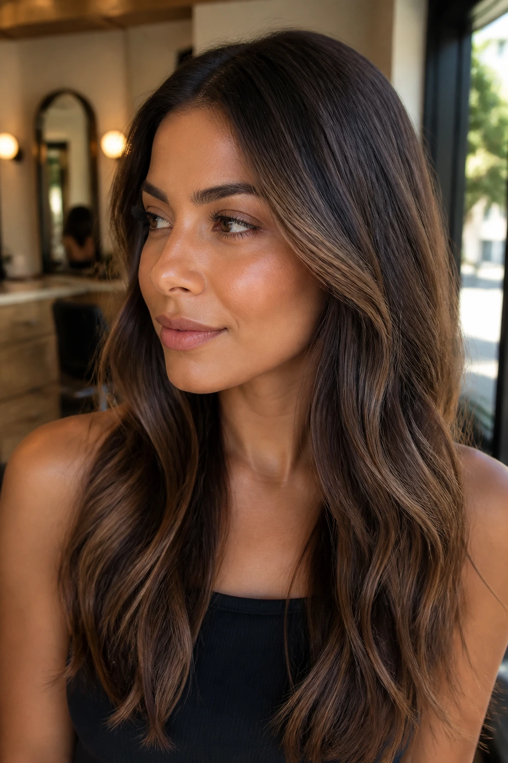 Close-up of a real woman's hair with fine brown babylights near temples on tan skin in warm salon light