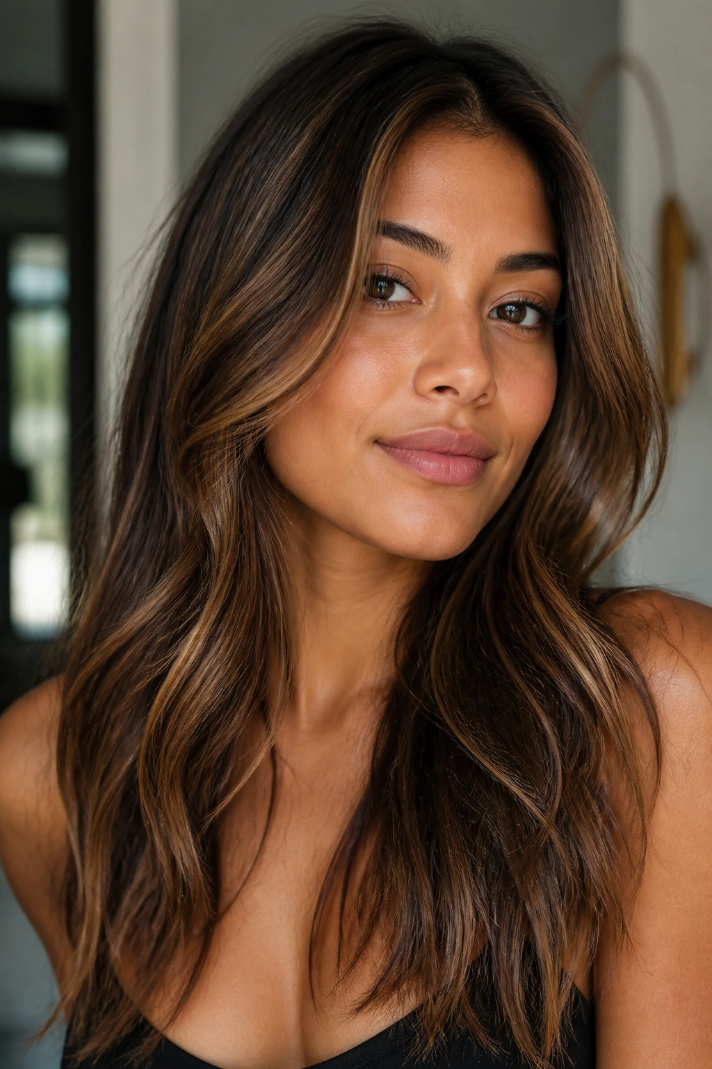 Portrait showing brown babylights on tan skin with warm undertones.