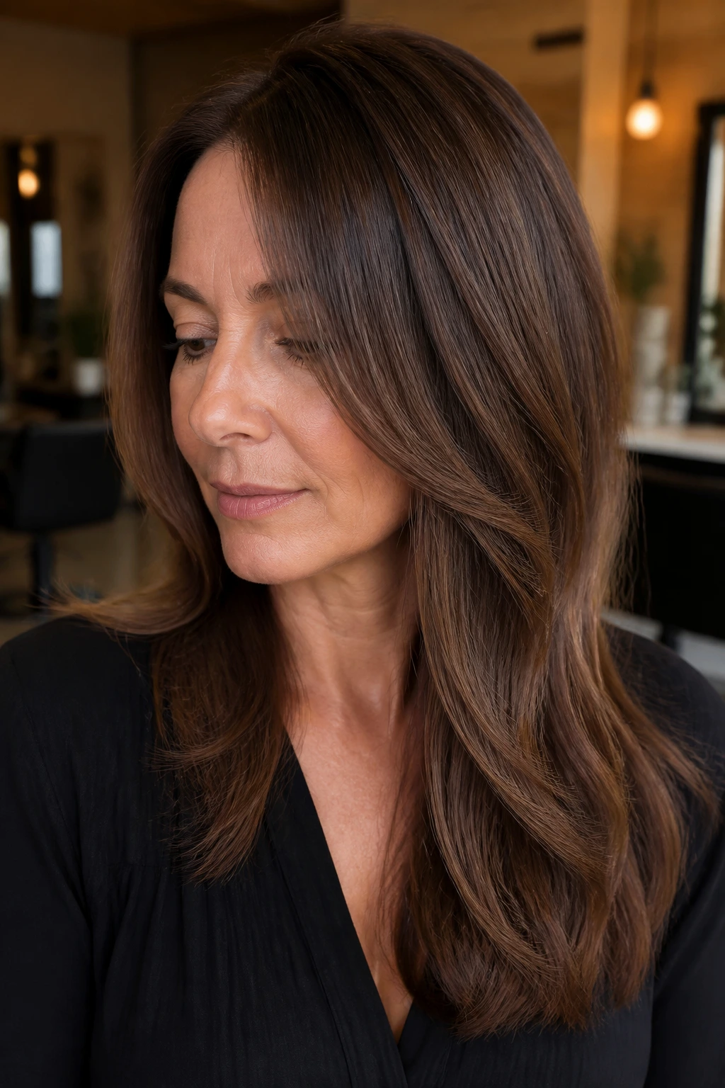 Close-up of a real woman's hair with chocolate melt balayage on fine hair