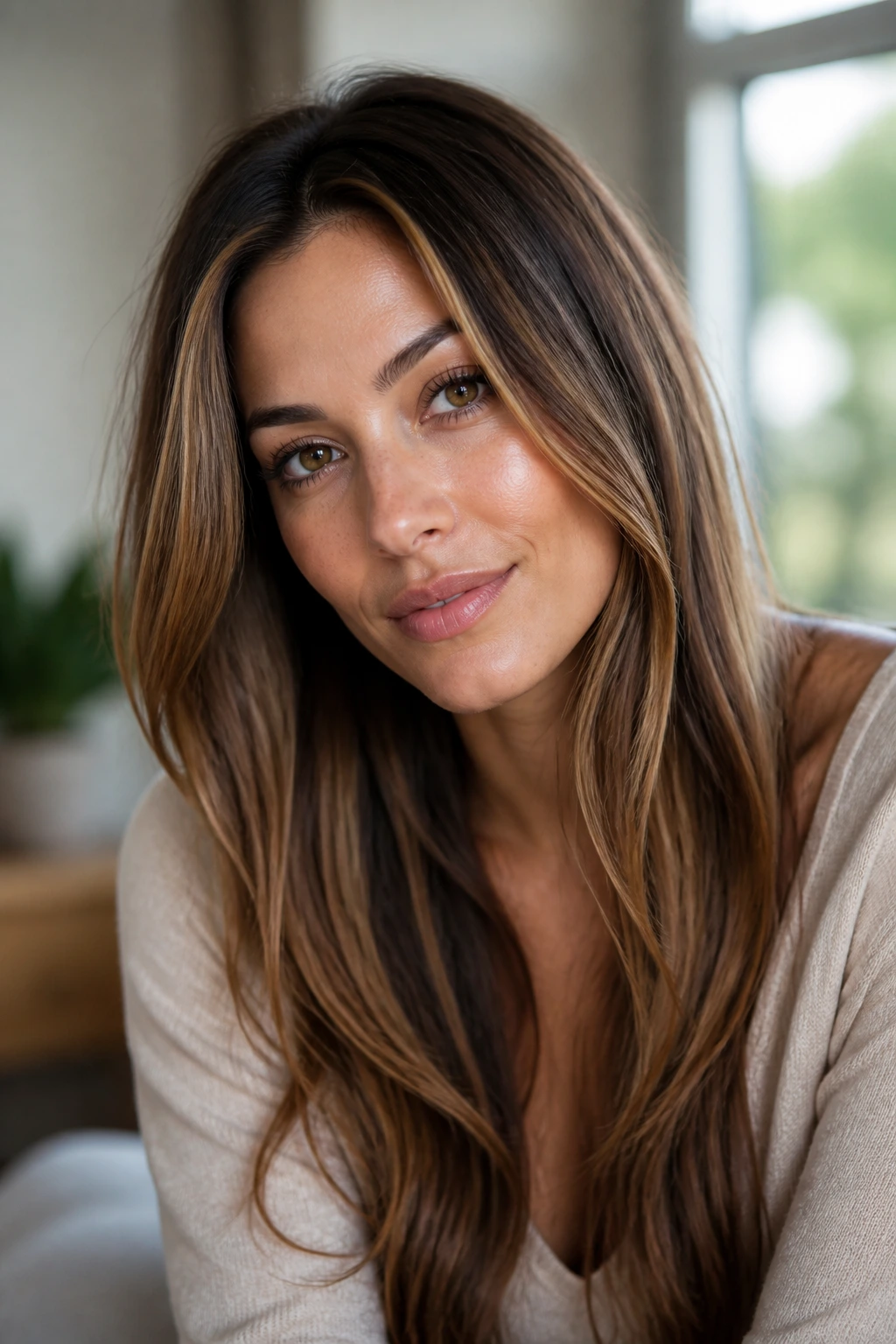 Close-up portrait of a real woman with brown balayage showing dimensional ribbons on fine hair in warm light