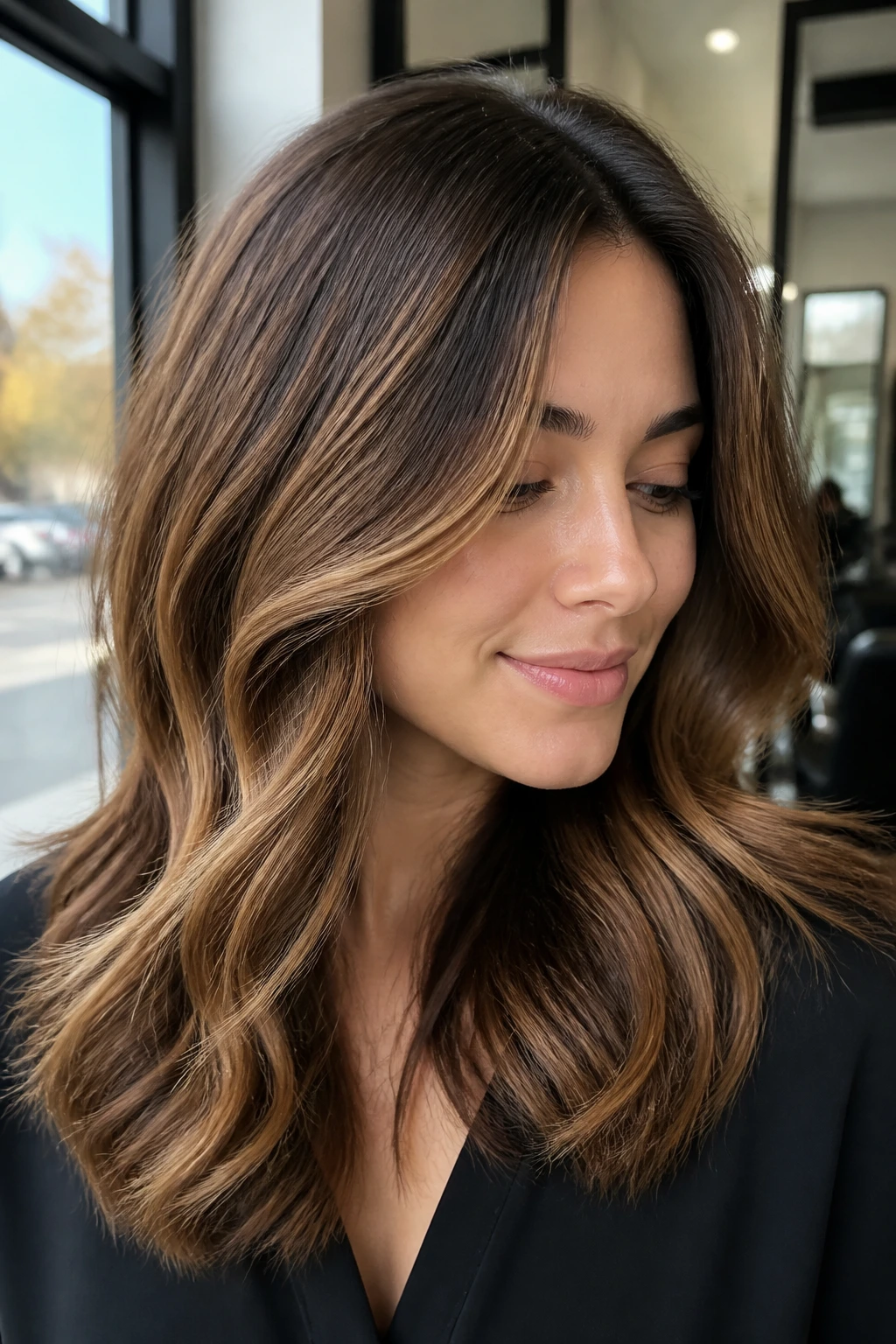 Portrait of woman with root-shadowed brown balayage giving fuller look on fine hair