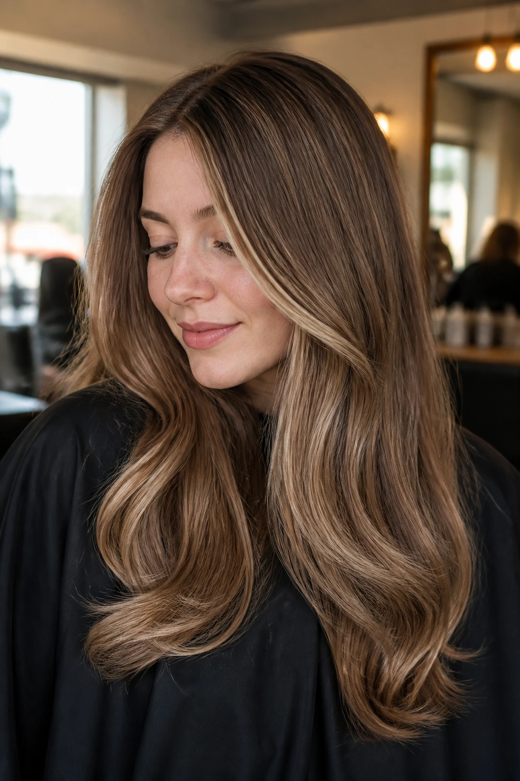 Close-up portrait of a real woman's glossy brown-blonde hair in a salon setting.