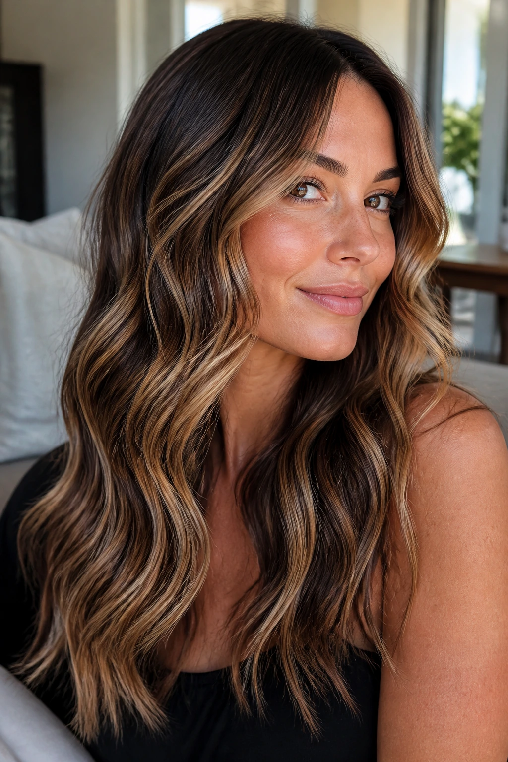 Brunette with wavy hair showing how brown blonde highlights follow the wave pattern