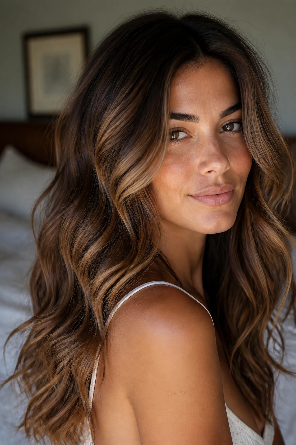 Close-up of a real woman with brown blonde highlights on wavy brunette hair under natural window light