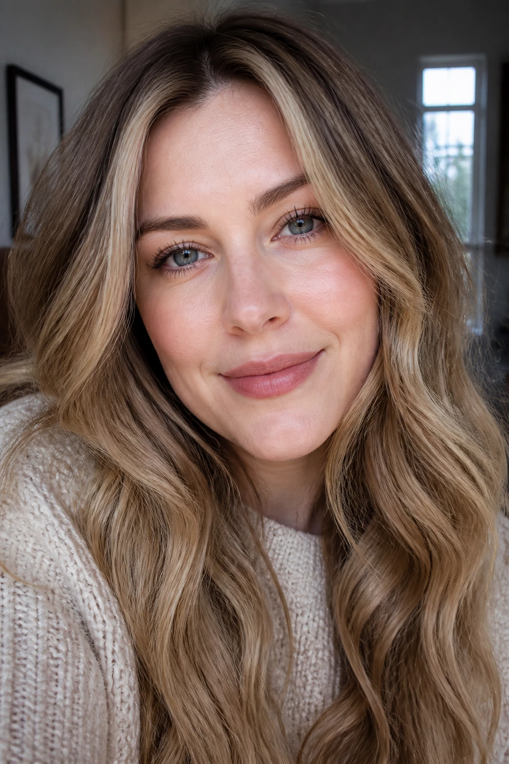 Close-up of a woman with brown-blonde hair framing pale skin in natural window light