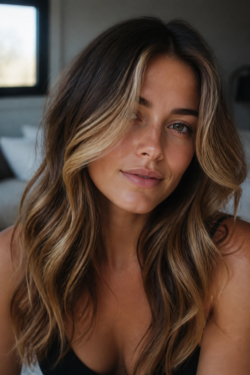 Close-up of brunette hair with darker shadow under lighter blonde strands