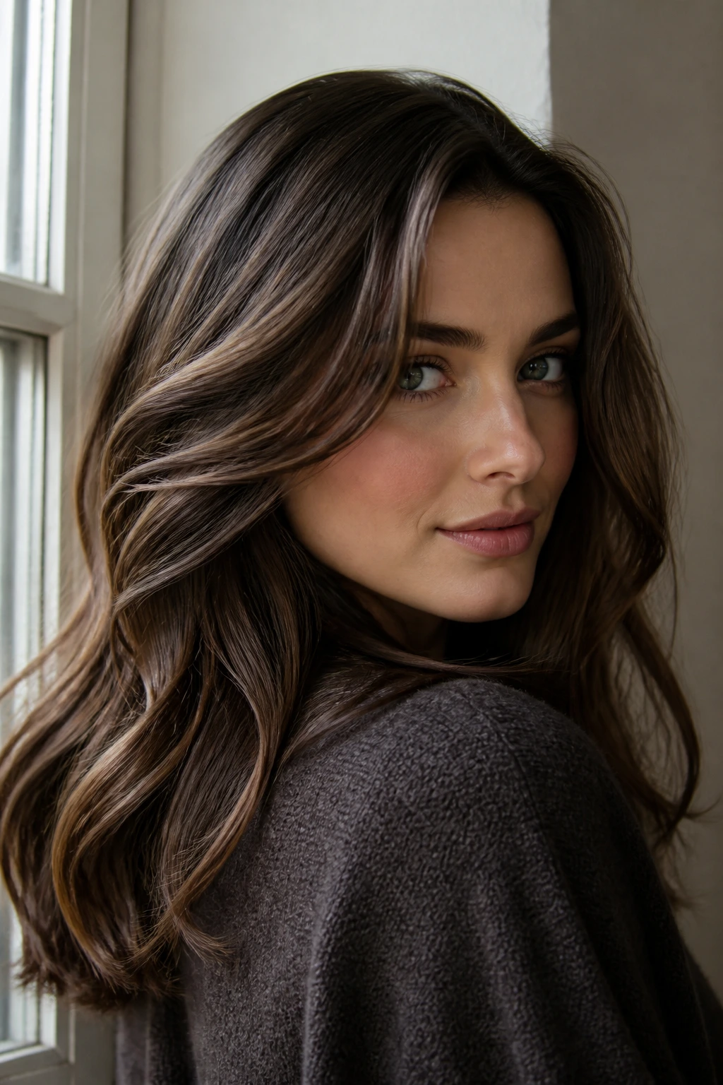 Close-up portrait of a person with brown bronze hair on cool undertones by a window