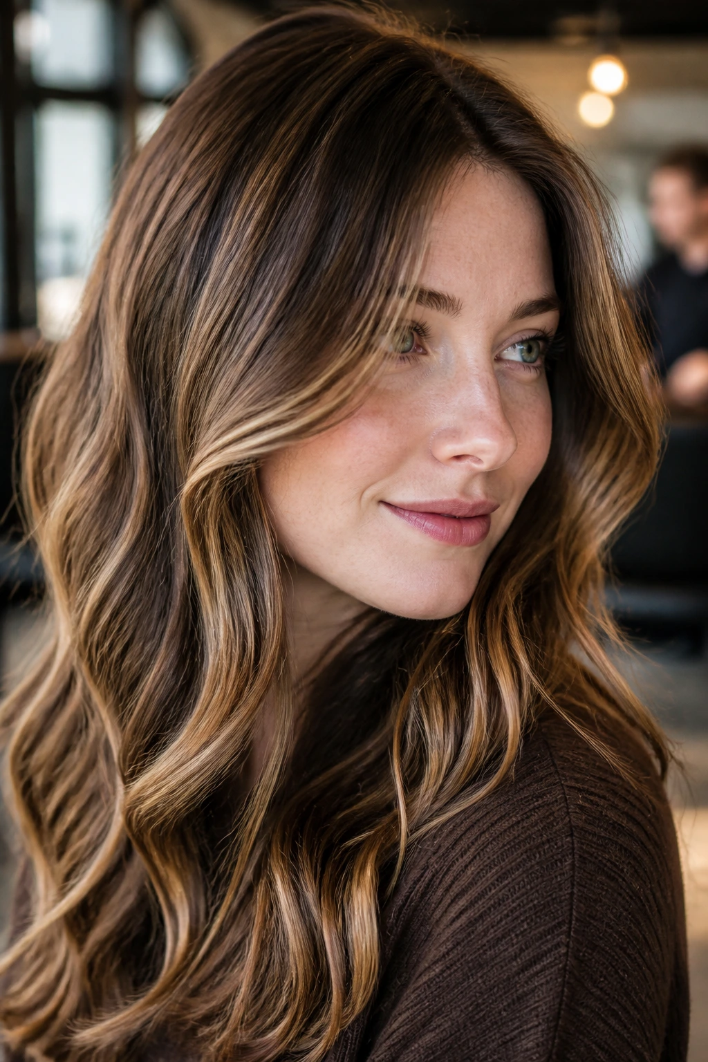 Portrait showing brown caramel dimension framing a fair-skinned face