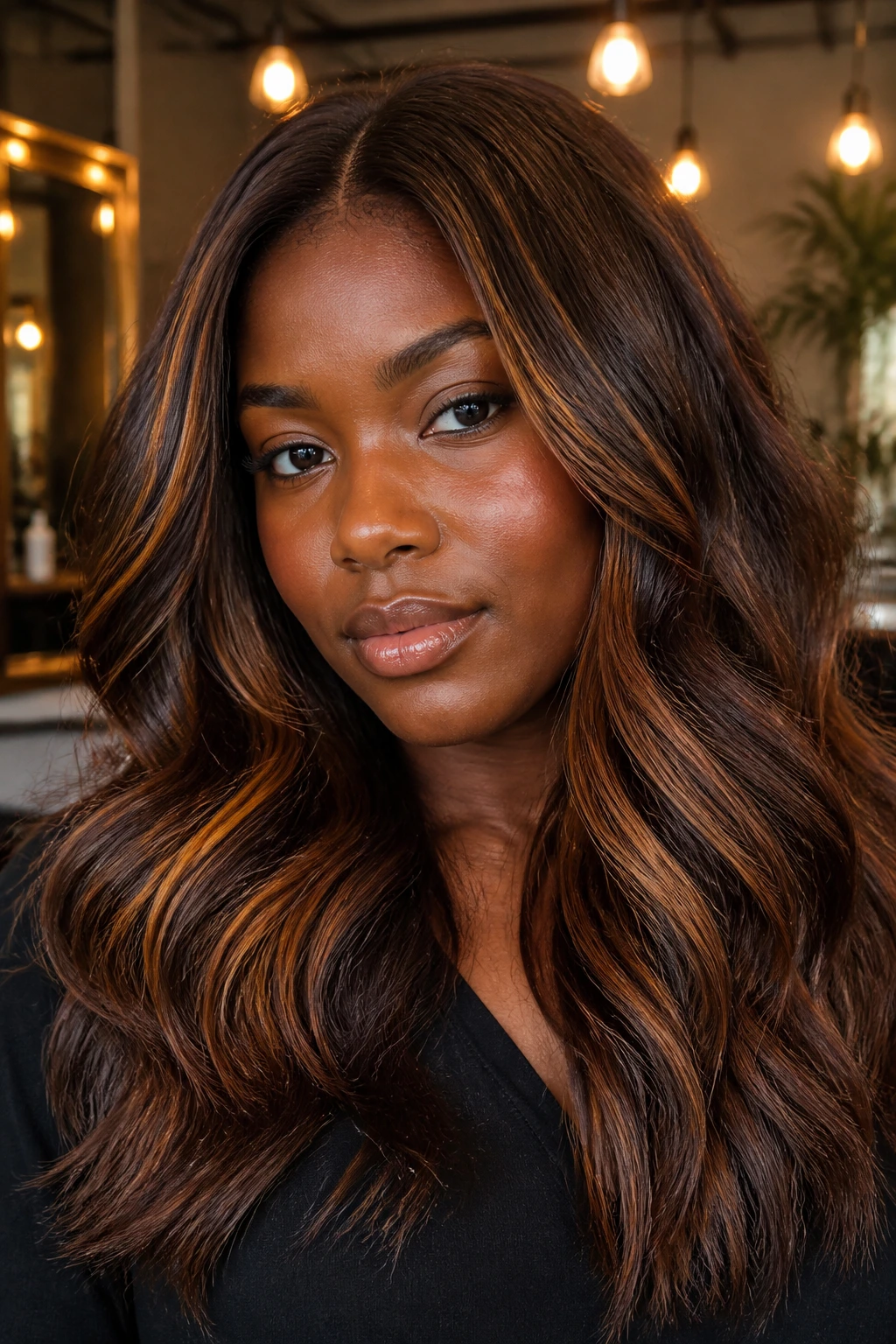 Portrait of a person with deep skin and brown caramel hair showing depth and warmth.
