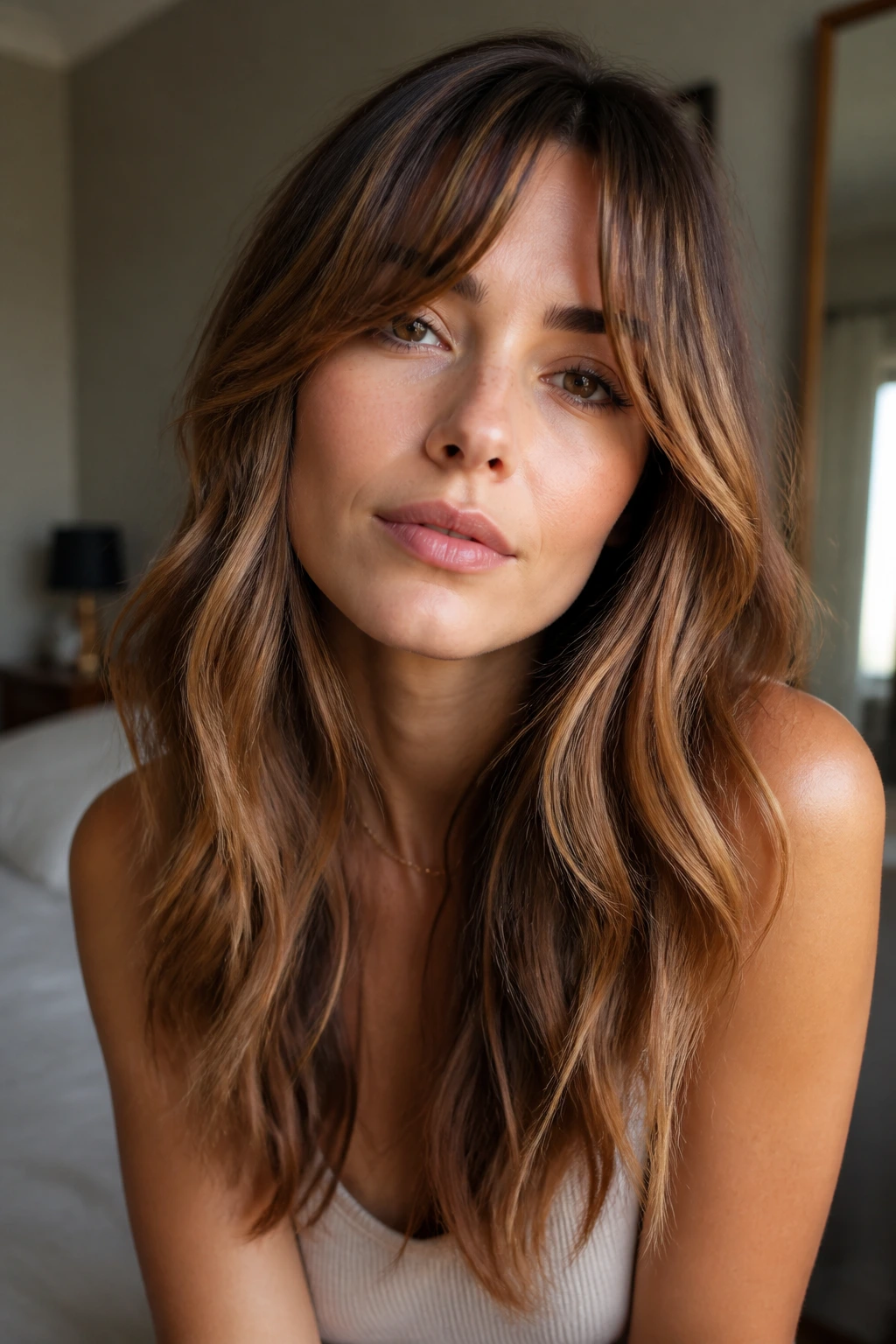 Close-up portrait of a real woman with brown caramel highlights and curtain bangs on pale skin