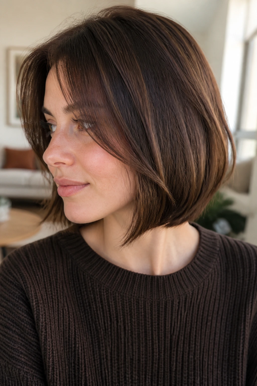 Close-up of brown color depth on fine hair with subtle gloss and lowlights