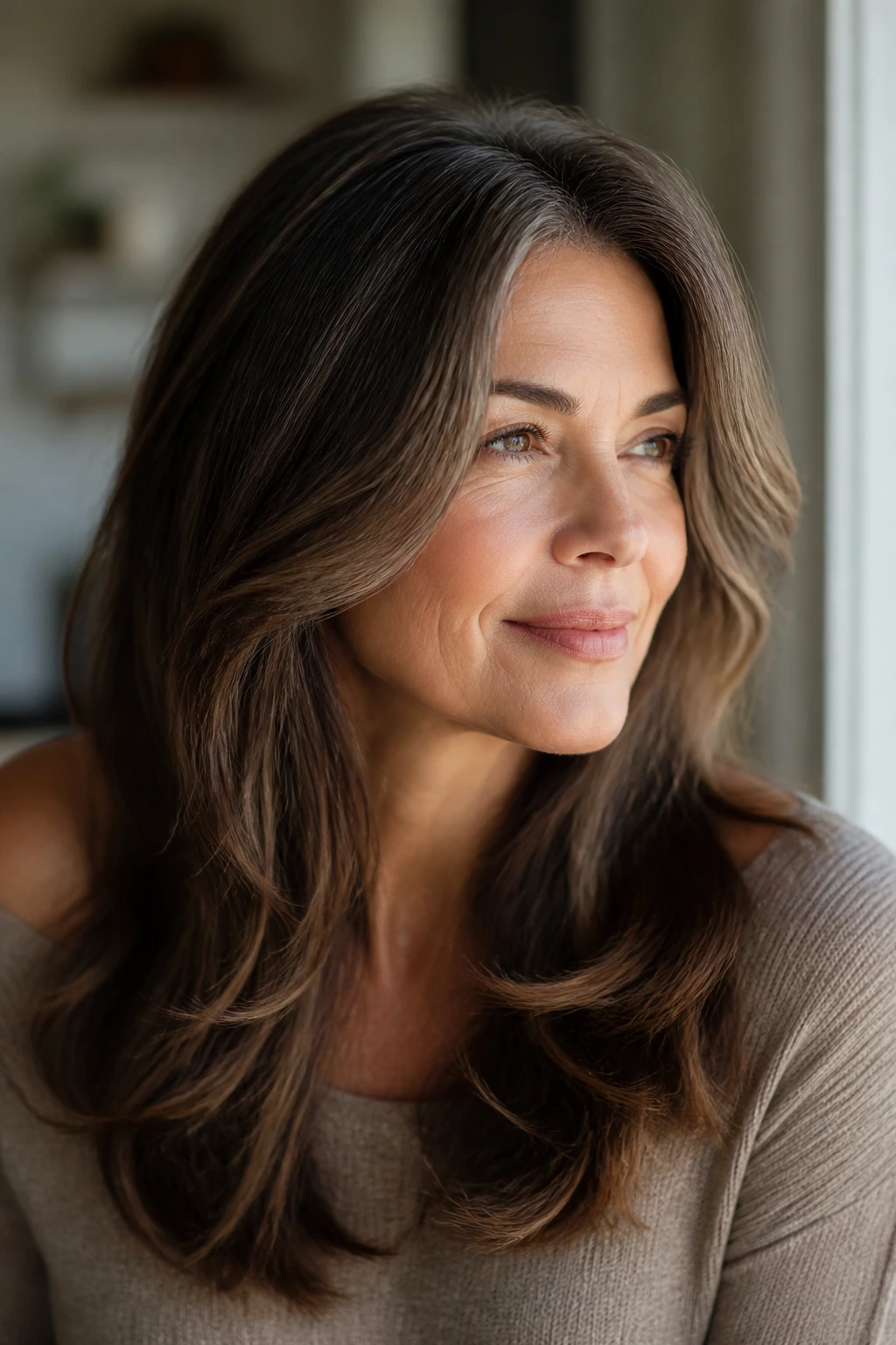 Close-up of brown hair with depth via root shadow and lowlights