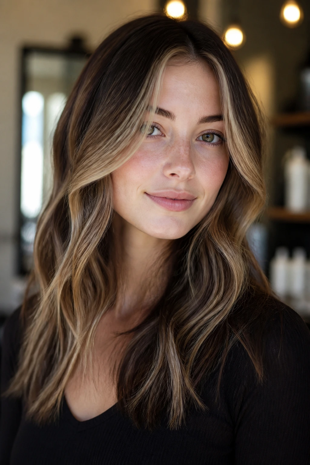 Portrait of varied brown front-frame tones in the hair.