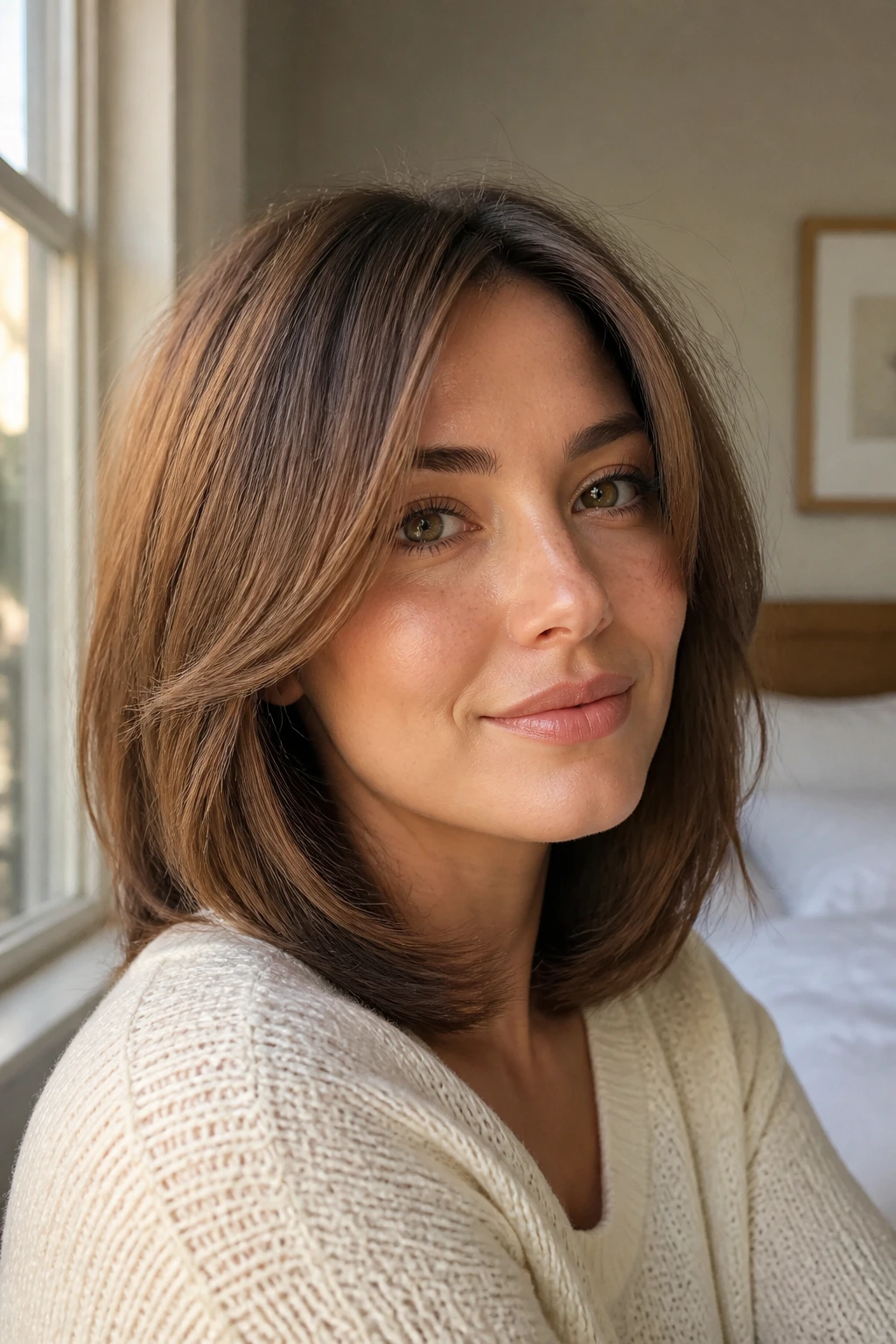 Close-up portrait of a real woman with chestnut brown face-framing layers highlighting the cheekbones in warm window light