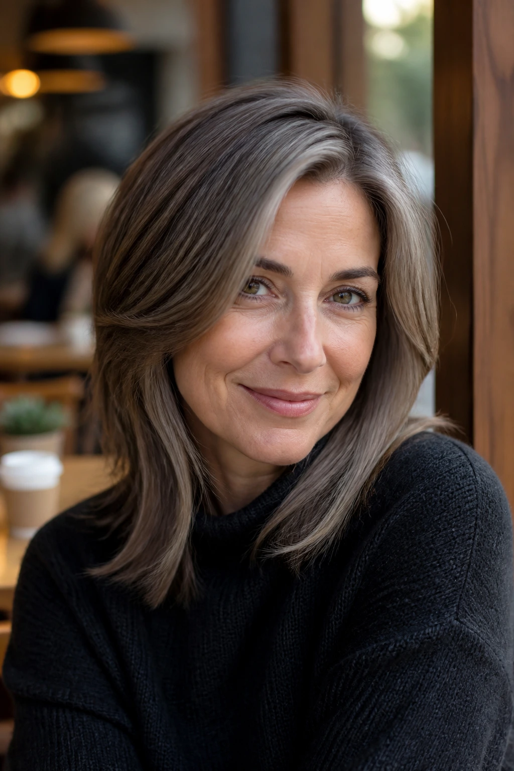 Close-up portrait of balanced brown gray hair on a real person