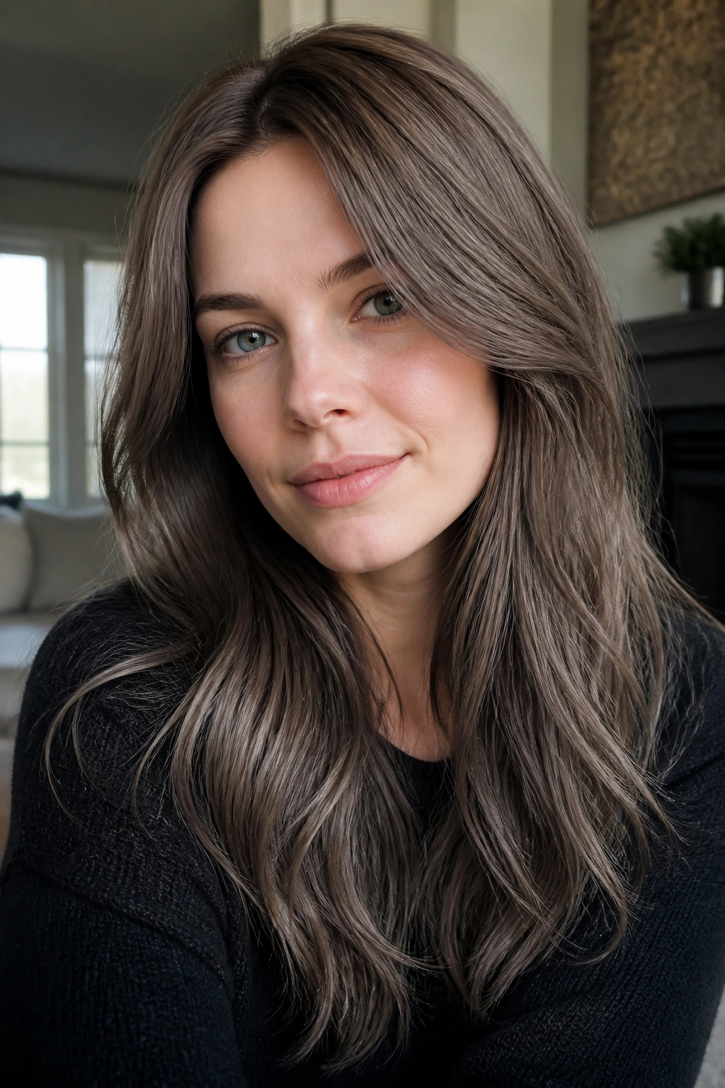 Close-up portrait of a real woman with brown-gray hair and cool skin tones in soft daylight.