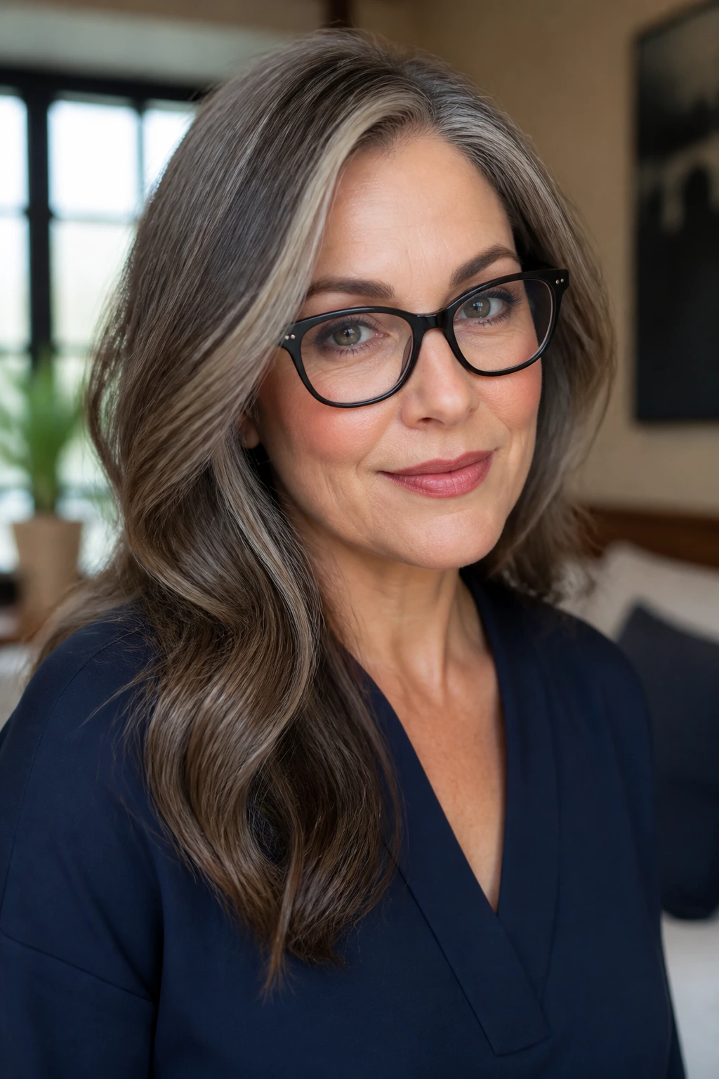 Portrait of a person with brown-gray hair, makeup, and black frames