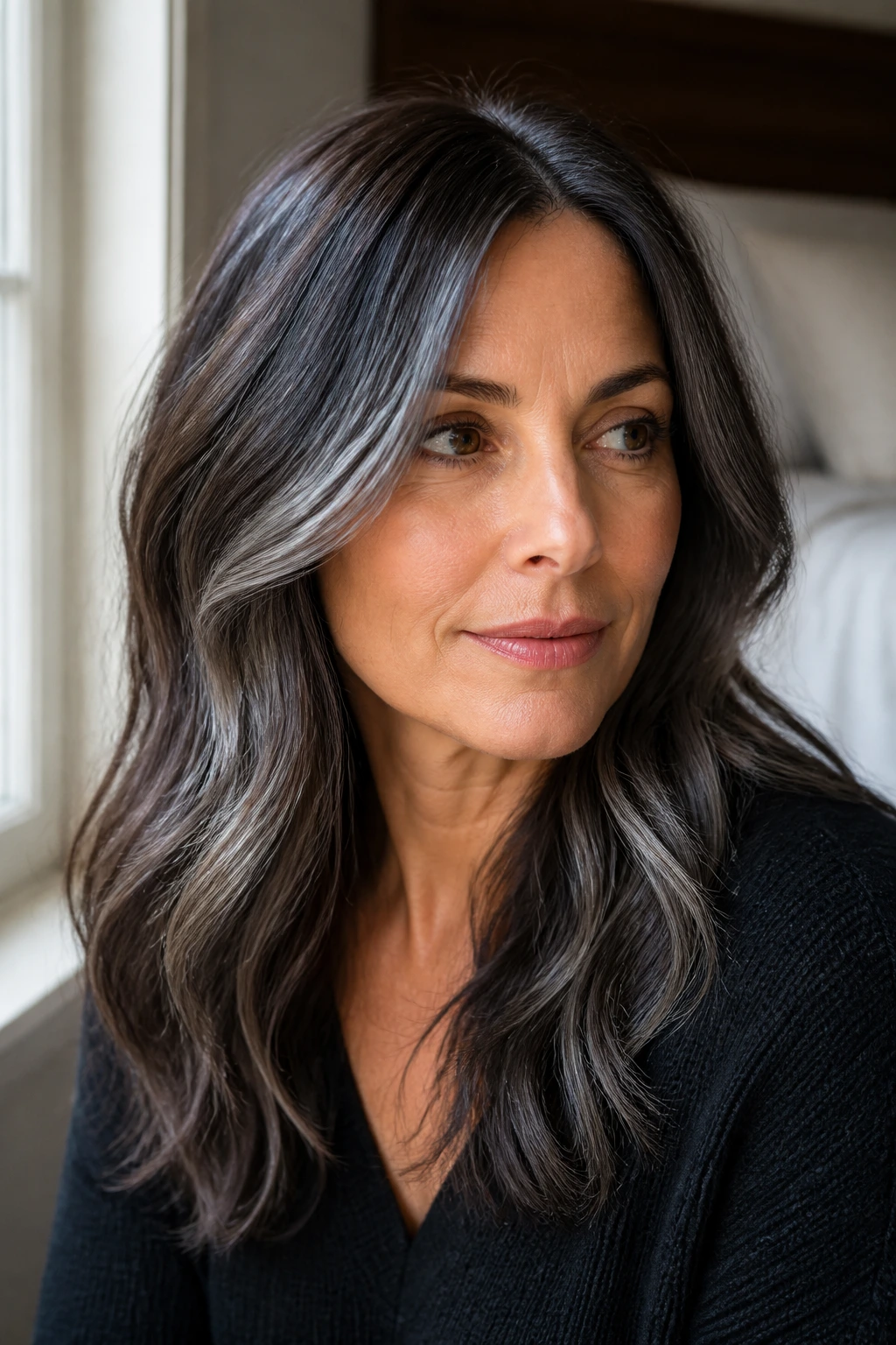 Close-up portrait of a person with brown-to-grey hair showing smoky tones and root shadow.