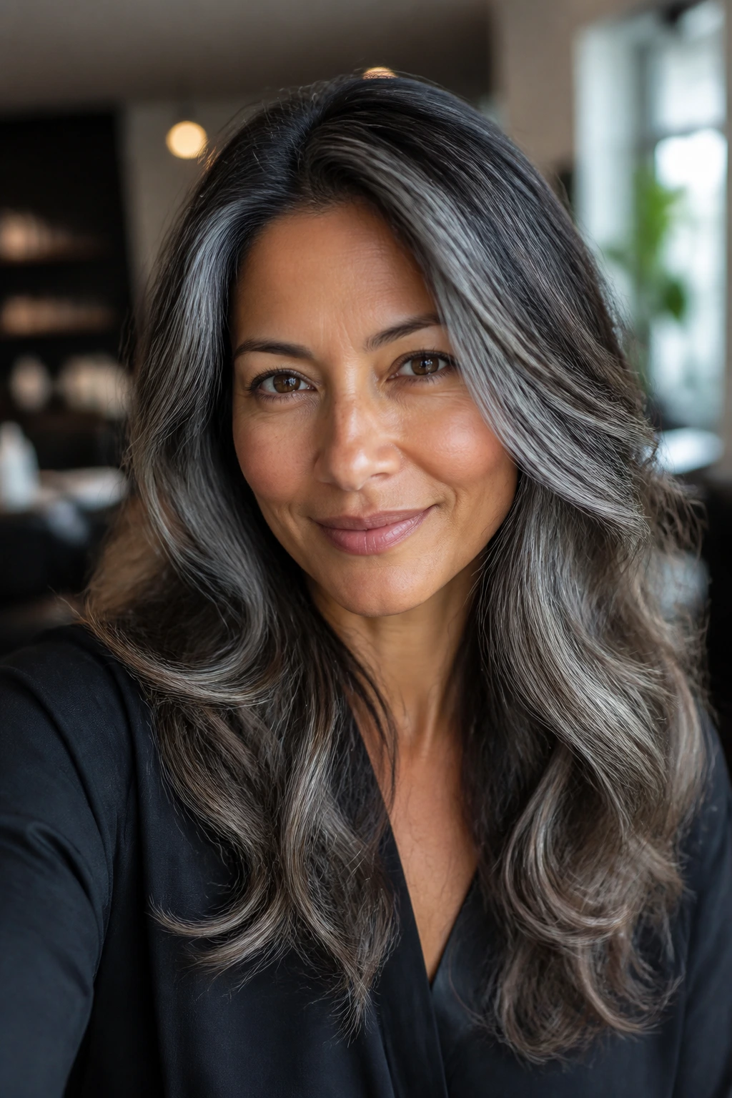 Close-up of tan skin with brown roots and grey hair showing a brown-to-grey shift.