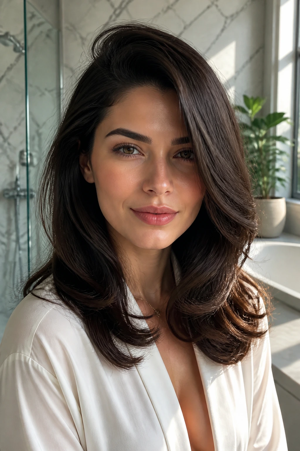 Close-up of a woman with a deep side-part blowout and glossy brown hair