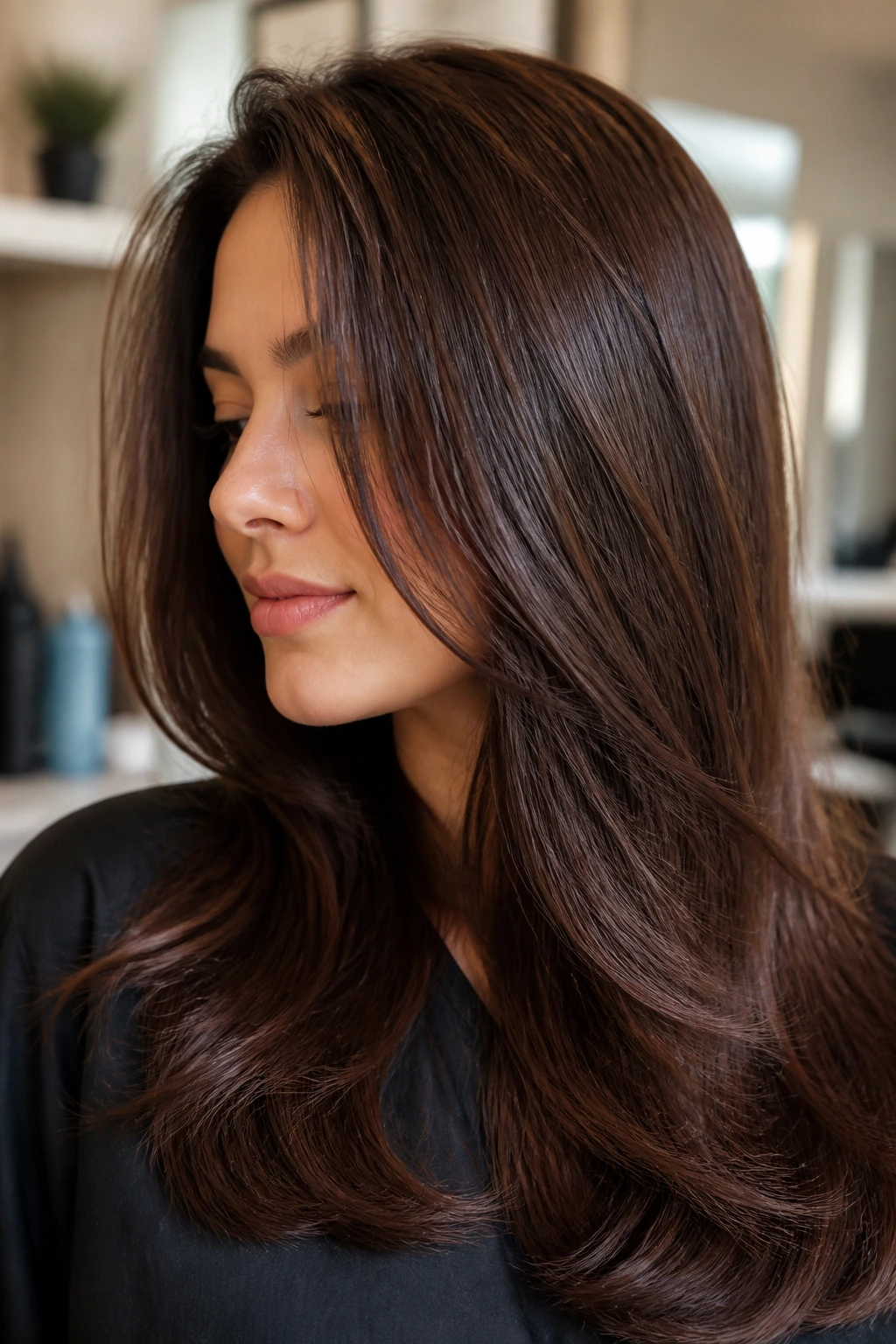 Close-up of glossy brown hair on a real person in a salon