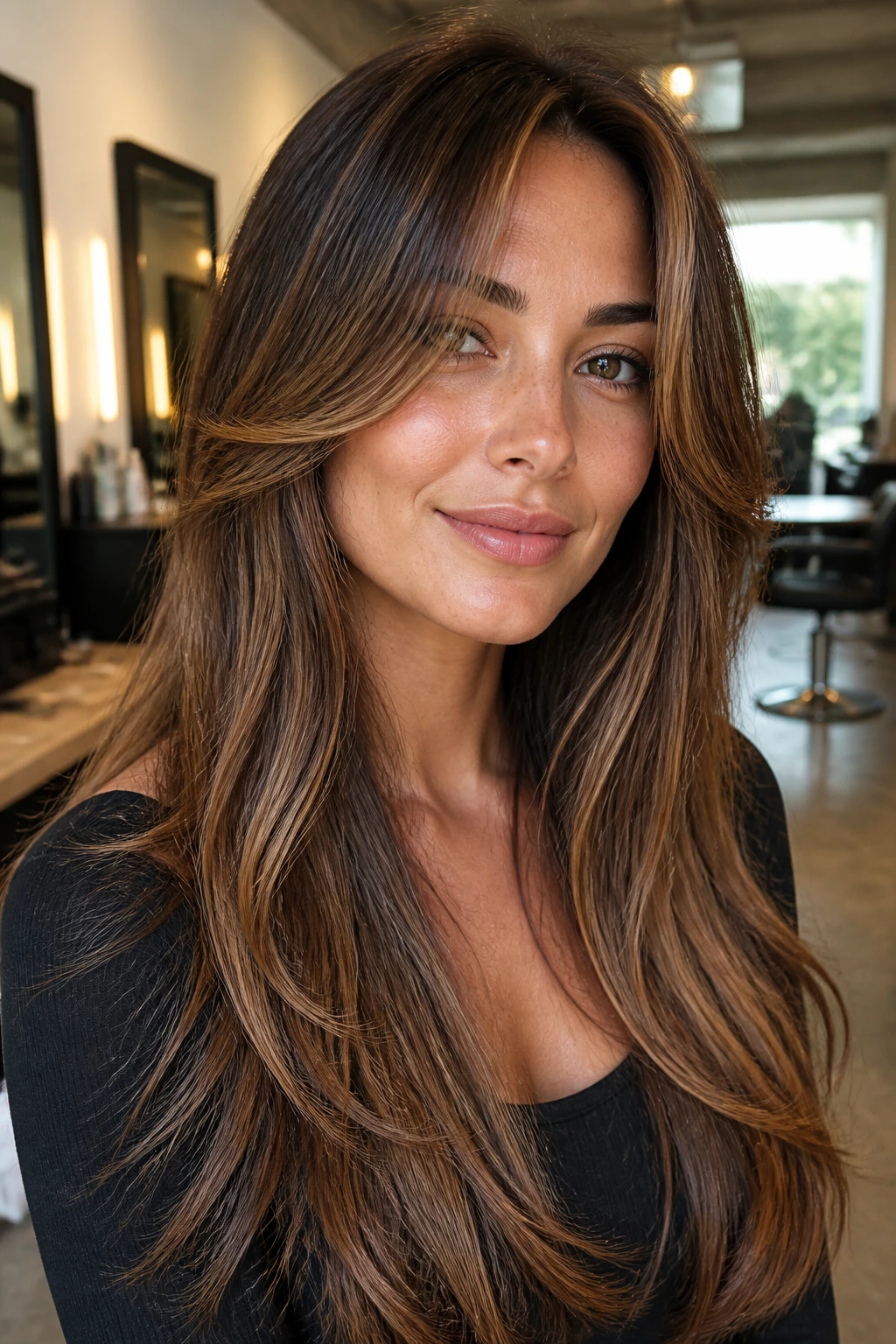 Close-up portrait of a real woman with keep-the-length brown layer cut featuring face-framing layers.