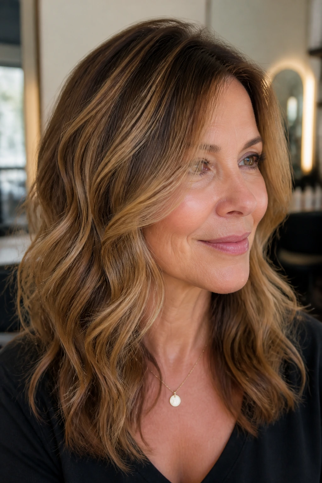 Close-up of a woman's fine hair with toasted almond ribbons woven through