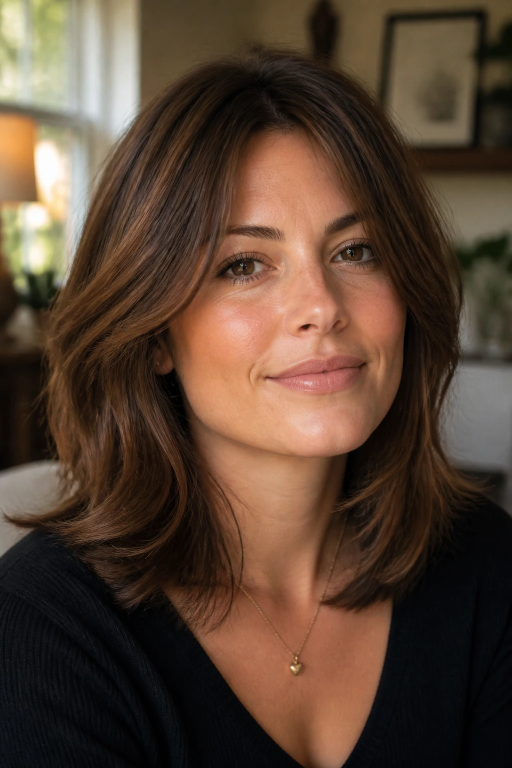 Close-up portrait of brown hair with soft layered shapes on a square-faced person in warm window light